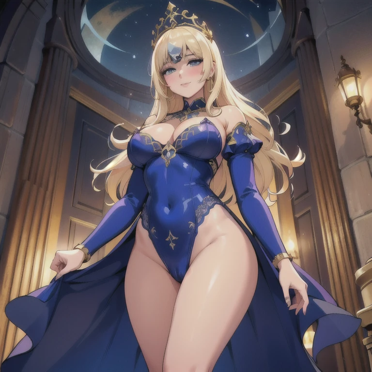 BIG TITS - Cameltoe - Niples - Small waist - big hips - Une magnifique Cendrillon fine, châtain, avec une poitrine surdéveloppée descend gracieusement d'un carrosse de conte de fées en forme de citrouille d'Halloween. elle a les yeux bleus et la bouche entrouverte. Sa robe fendue jusqu'au nombril en dentelle transparente large mailles élégante laisse voir une culotte avec cameltoe, et épouse sa silhouette accentuant ses courbes. Ses cheveux en vagues lâches captent la lumière. L'arrière-plan présente une représentation onirique et légèrement abstraite d'un château au crépuscule avec un éclairage doux et chaud dans des tons d'or et de bleu, créant une atmosphère romantique et magique. Des étoiles scintillantes parsèment le ciel crépusculaire, rehaussant la qualité éthérée. Le carrosse en forme de citrouille d'Halloween, conçu avec des détails tourbillonnants et des accents dorés, ajoute un charme de conte de fées. Un chemin pavé, bordé de lanternes lumineuses, mène au château, entouré de fleurs éclatantes et de verdure luxuriante., seductive smile, light blush, excited, Nikon, Dutch Golden Age painting, masterpiece, best quality, award winning