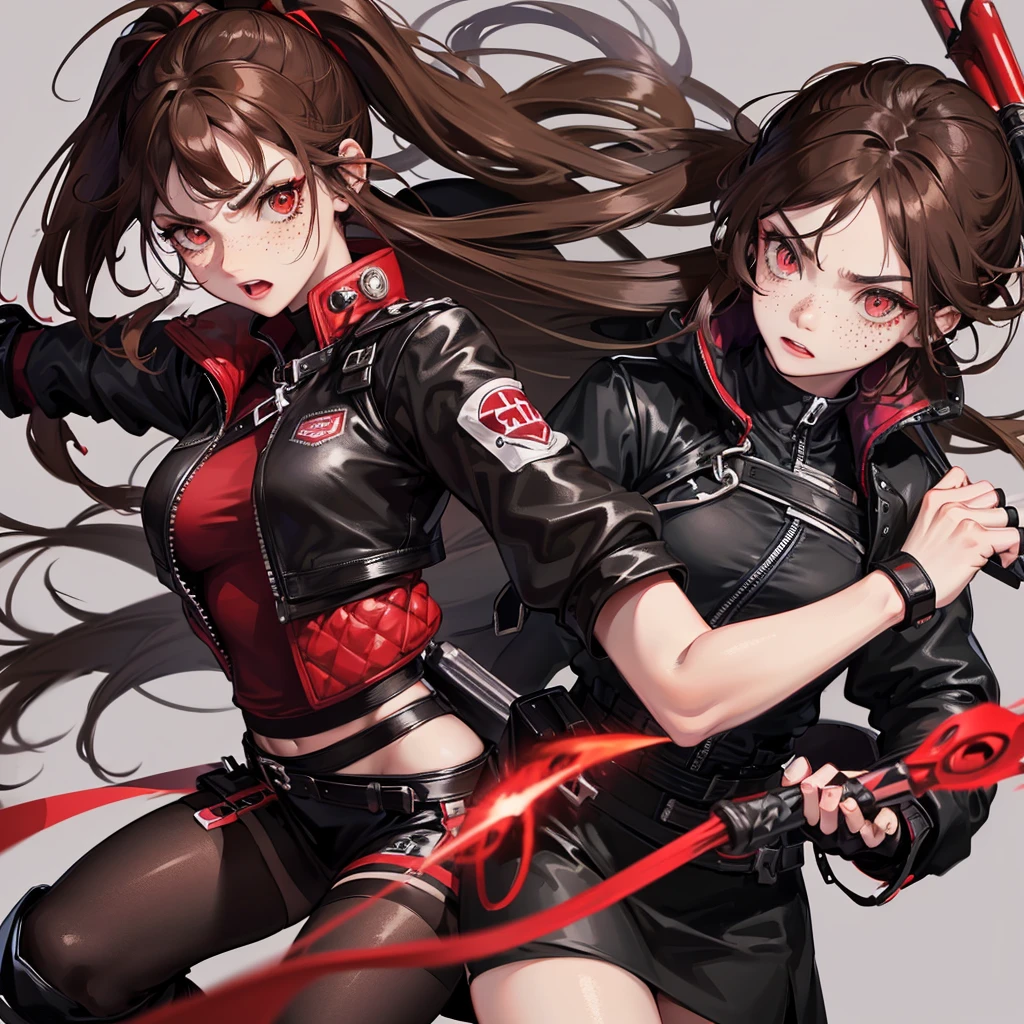 Only 1 girl,beautiful detailed eyes, red eyes ,  Long  Brown hair, serious face, Fingerless gloves, Black skirt, black top, red jacket, black boots, baseball bat in hand , light skin color, Purple ribbon, freckles on her face, black hair band