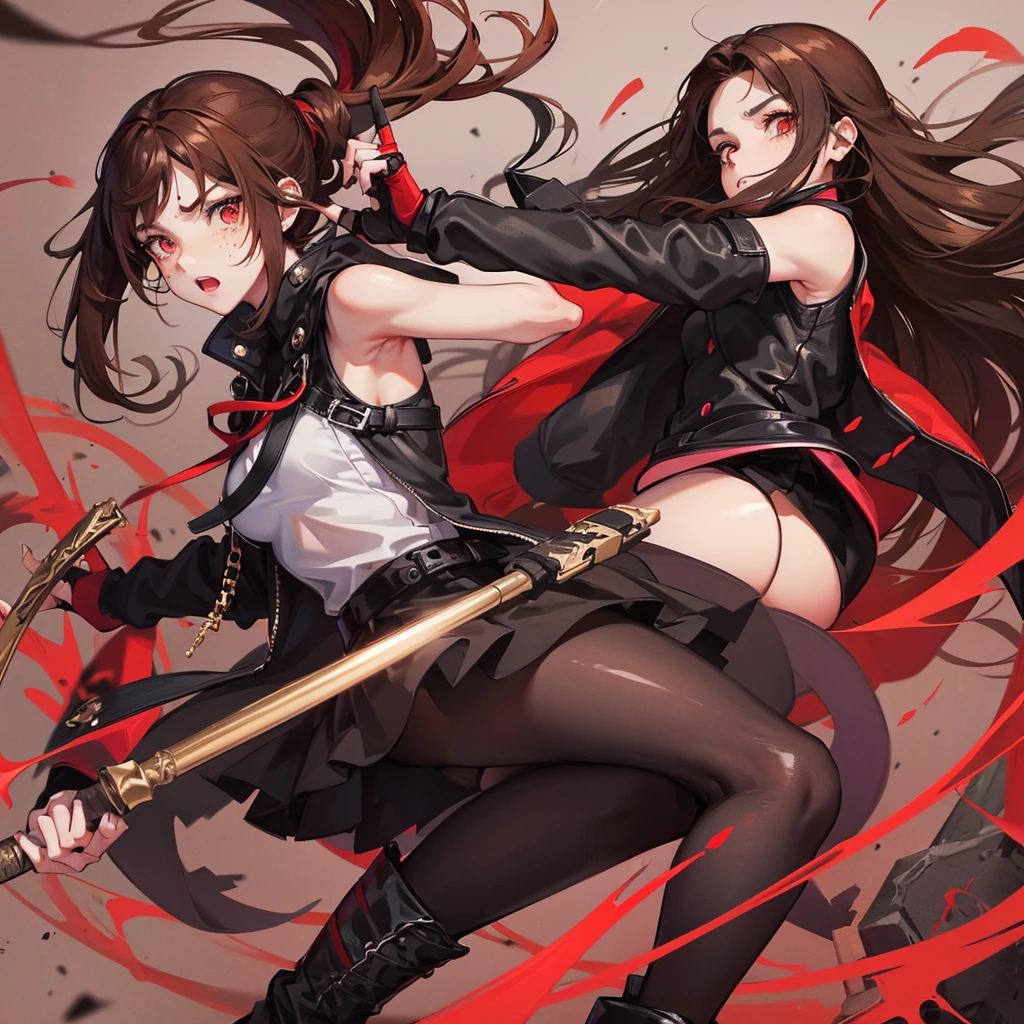 Only 1 girl,beautiful detailed eyes, red eyes , Long Brown hair, serious face, Fingerless gloves, Black skirt, black top, red jacket, black boots, baseball bat in hand , light skin color, Purple ribbon, freckles on her face, black hair band