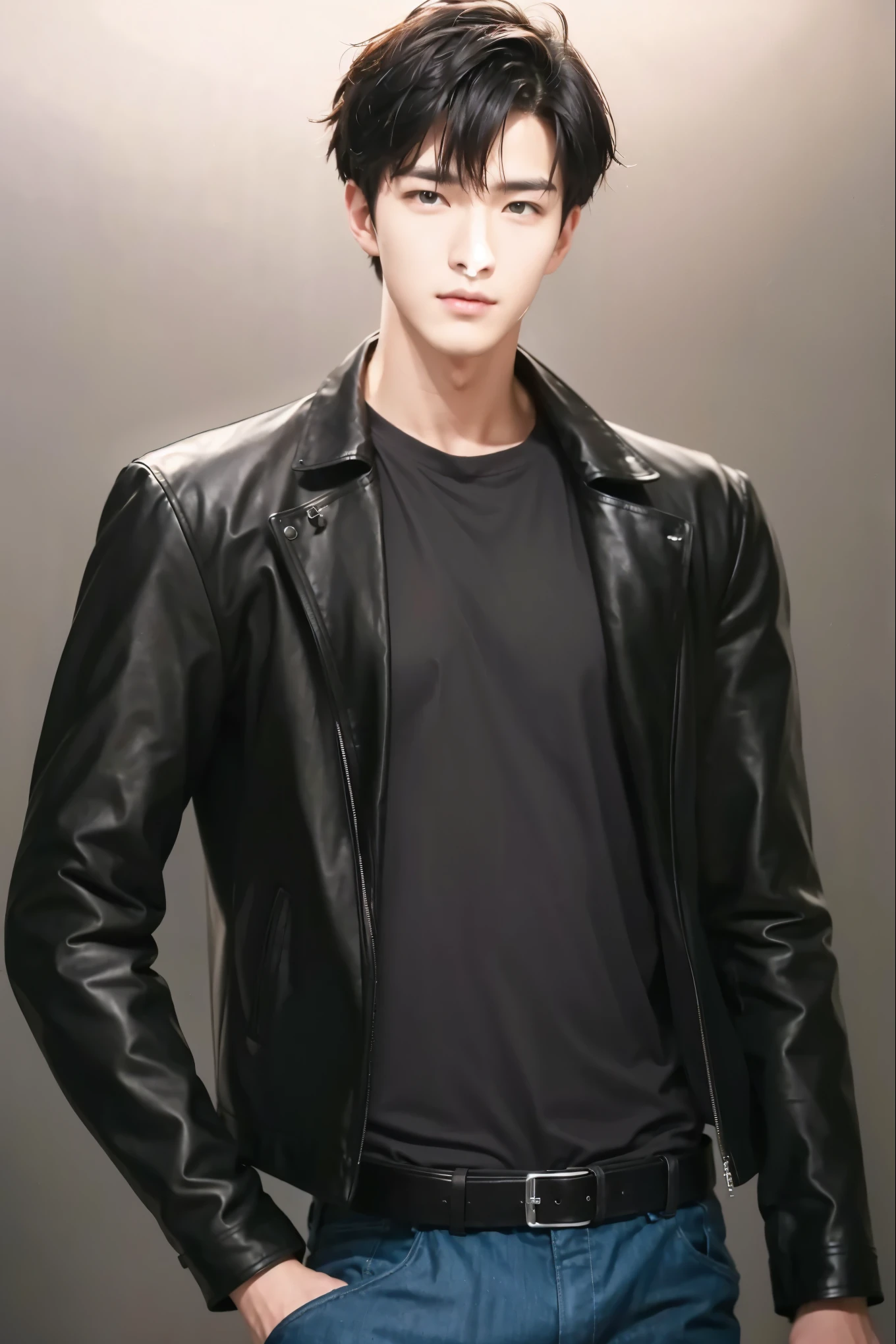 at office，wearing black leather jacket，two block haircut, Attractive man，Live-action photo，Handsome and sunny，（SLR effect，Reality，8K，Hyper-detailing，Absolute realism）