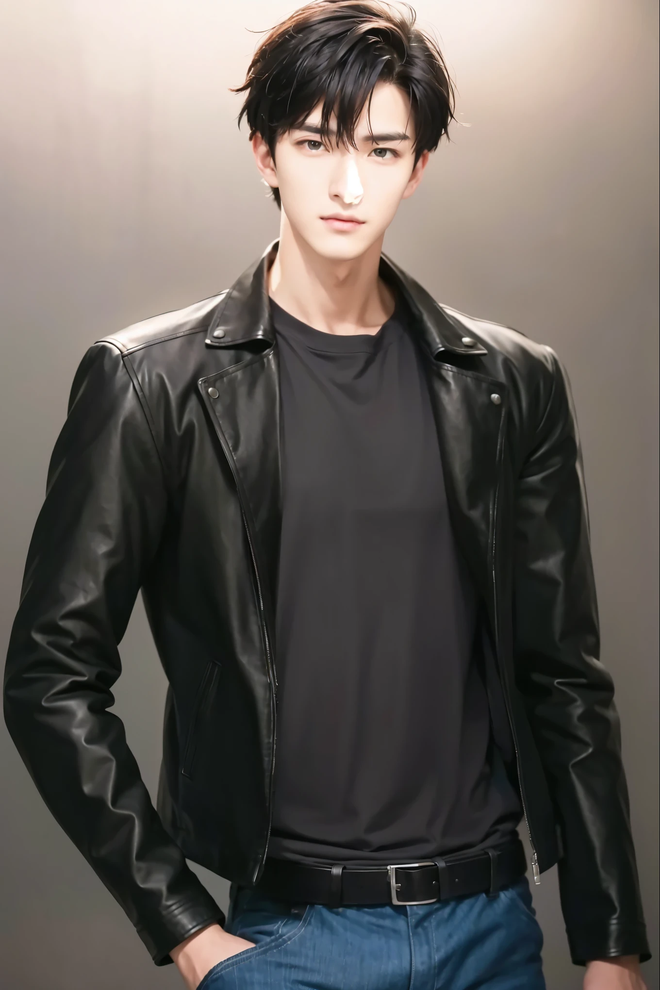 at office，wearing black leather jacket，two block haircut, Attractive man，Live-action photo，Handsome and sunny，（SLR effect，Reality，8K，Hyper-detailing，Absolute realism）