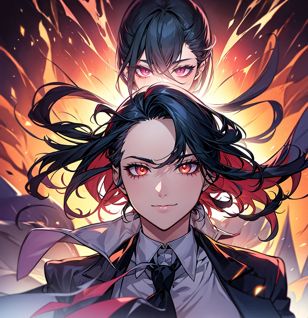black hair, shiny hair, crystal hair, hair slicked back, evil smile, Surrealism, アニメ, glowing light, 8k, super detail, uhd, retina, masterpiece, accurate, anatomically correct, textured skin, super detail, high details, high quality, award winning, best quality, highresVery very cool man、In a suit、all back