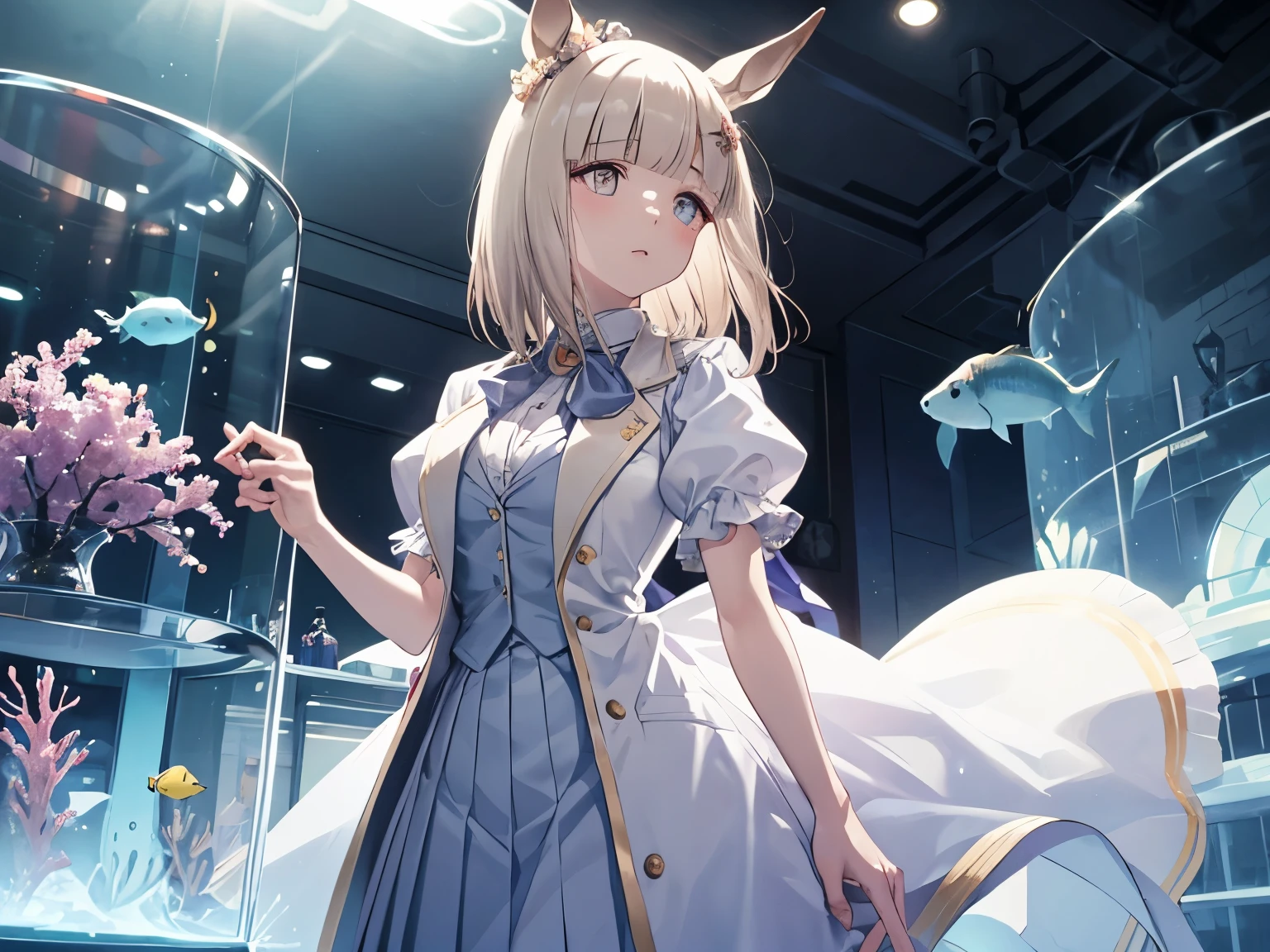 Mik, 1 girl in the distance, Solo, Best Quality, masterpiece, 8K, High resolution, Ultra-detailed, bob hair, horse ears, horse tail, long coat, front opened, off white coat, short sleeves, puffy sleeves, pastel blue vest, pastel blue skirt, pleated skirt, large bowtie, huge aquarium in background, 