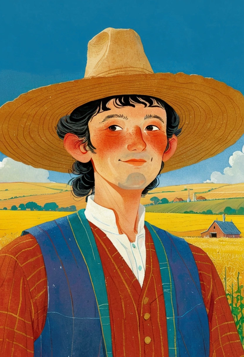 Cartoon of a man wearing standing in a field, Character with hat, author:Yi Yinwen, tall Farmers, Farmers, jean giraud portrait, Inspired by Jean Giraud, jean giraud 8 k, author André Castro, author:Clovis Truyer, The style of Jean Giraud Moebius, Full color illustrations, author:Francisco Coza