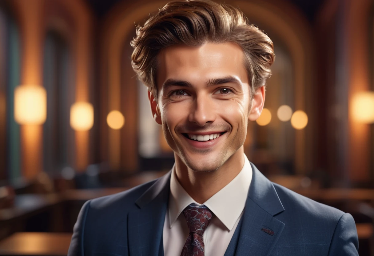 a young happy businessman, handsome professor, expressive face, friendly, professional attire, neat hairstyle, warm lighting, detailed background, photorealistic, 8k, highly detailed, exquisite, dramatic lighting, cinematic, beautiful colors, color grading, masterpiece, frontview, view at camera