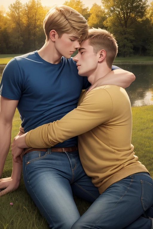 Two men, photo realistic.  A 16-year-old, handsome, lean man with short-cut, blond hair and blue eyes, wearing a brown sweatshirt, and khaki pants, sitting in the lap of a 17-year-old, handsome, athletic, Caucasian man with short, shaved brown hair, and blue eyes, wearing a blue and yellow jersey, and jeans, kissing, groping each other, laying on a grassy field, by a pond in a large city park, at night.  Masculine, erotic, sexy, romantic, love, huge bulge.