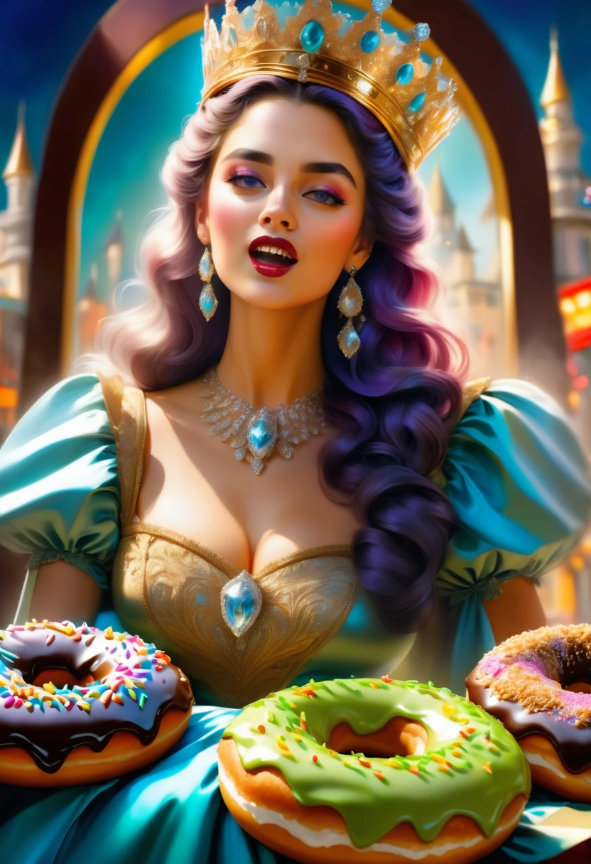 an oil painting portrait of a queen eating a (an epic donut: 1.3), an exotic exquisite beautiful queen, dynamic hair color, wavy hair, dynamic eyes color,  intense eyes, wearing glamour silk dress, intricate detailed dress, dynamic color dress, dynamic style dress, wearing diamond crown ((eating  a large donut: 1.3)),  (cherries: 1.1), (whipped cream: 1.1), (chocolate bar: 1.1)  fantasy pastry shop background,  vibrant, Ultra-high resolution, High Contrast, (masterpiece:1.5), highest quality, Best aesthetics), best details, best quality, highres, 16k, [ultra detailed], masterpiece, best quality, (extremely detailed) RAW, (ultra details, Masterpiece, best quality),   , Intense gaze, blood, Cinematic Hollywood Film
