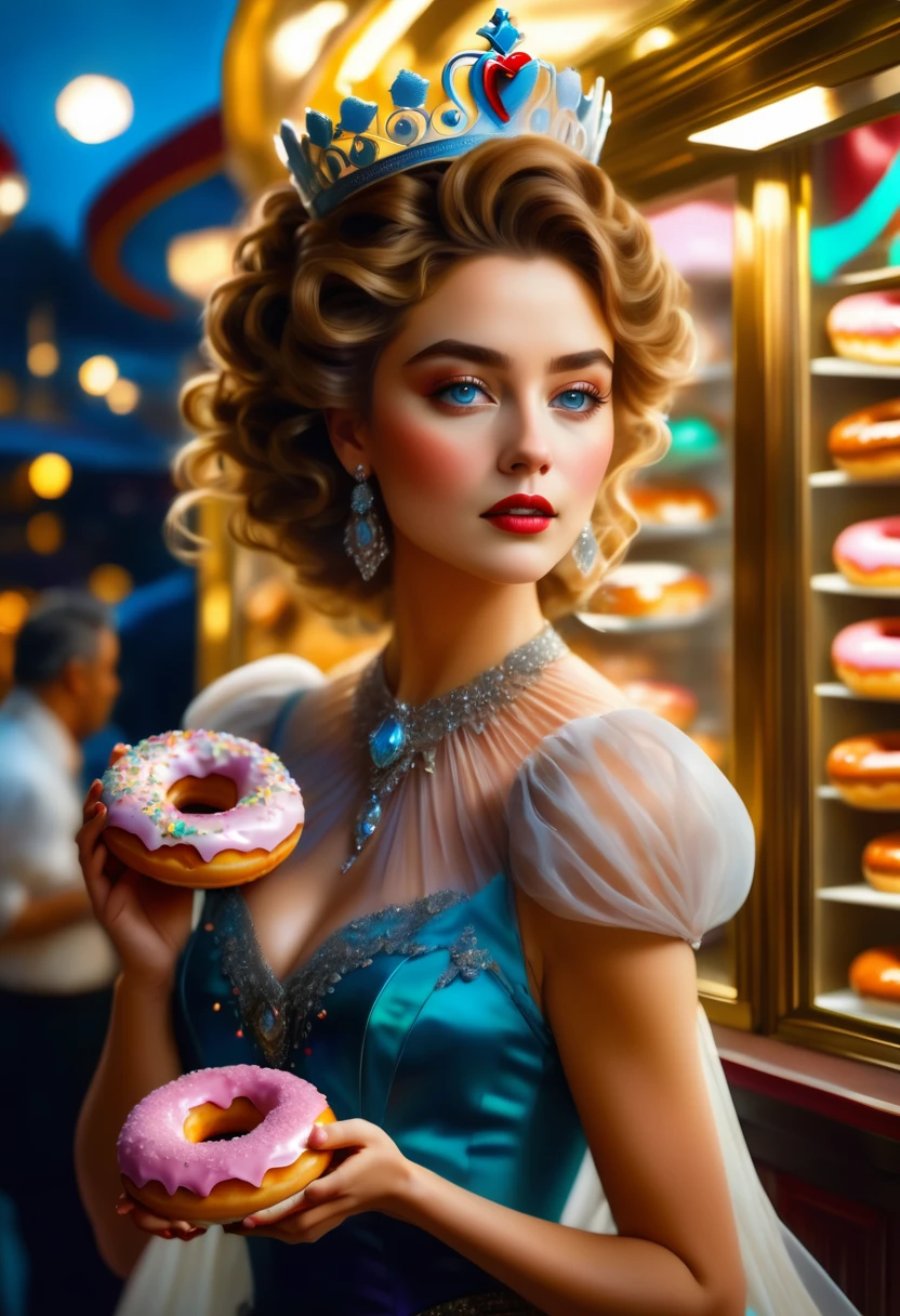 an oil painting portrait of a queen eating a (an epic donut: 1.3), an exotic exquisite beautiful queen, dynamic hair color, wavy hair, dynamic eyes color,  intense eyes, wearing glamour silk dress, intricate detailed dress, dynamic color dress, dynamic style dress, wearing diamond crown ((eating  a large donut: 1.3)),  (cherries: 1.1), (whipped cream: 1.1), (chocolate bar: 1.1)  fantasy pastry shop background,  vibrant, Ultra-high resolution, High Contrast, (masterpiece:1.5), highest quality, Best aesthetics), best details, best quality, highres, 16k, [ultra detailed], masterpiece, best quality, (extremely detailed) RAW, (ultra details, Masterpiece, best quality),   , Intense gaze, blood, Cinematic Hollywood Film
