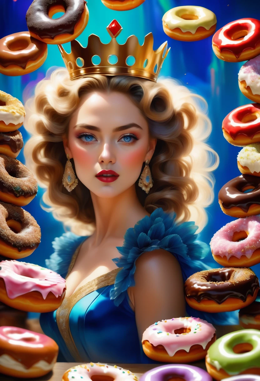 an oil painting portrait of a queen eating a (an epic donut: 1.3), an exotic exquisite beautiful queen, dynamic hair color, wavy hair, dynamic eyes color,  intense eyes, wearing glamour silk dress, intricate detailed dress, dynamic color dress, dynamic style dress, wearing diamond crown ((eating  a large donut: 1.3)),  (cherries: 1.1), (whipped cream: 1.1), (chocolate bar: 1.1)  fantasy pastry shop background,  vibrant, Ultra-high resolution, High Contrast, (masterpiece:1.5), highest quality, Best aesthetics), best details, best quality, highres, 16k, [ultra detailed], masterpiece, best quality, (extremely detailed) RAW, (ultra details, Masterpiece, best quality),   , Intense gaze, blood, Cinematic Hollywood Film
