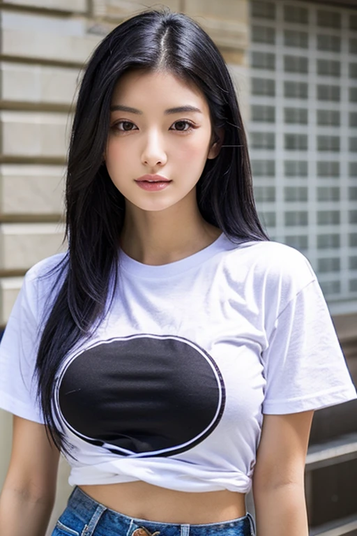The beautiful woman with black hair, big breasts and a slim waist is wearing a T-shirt、I'm not wearing anything underneath