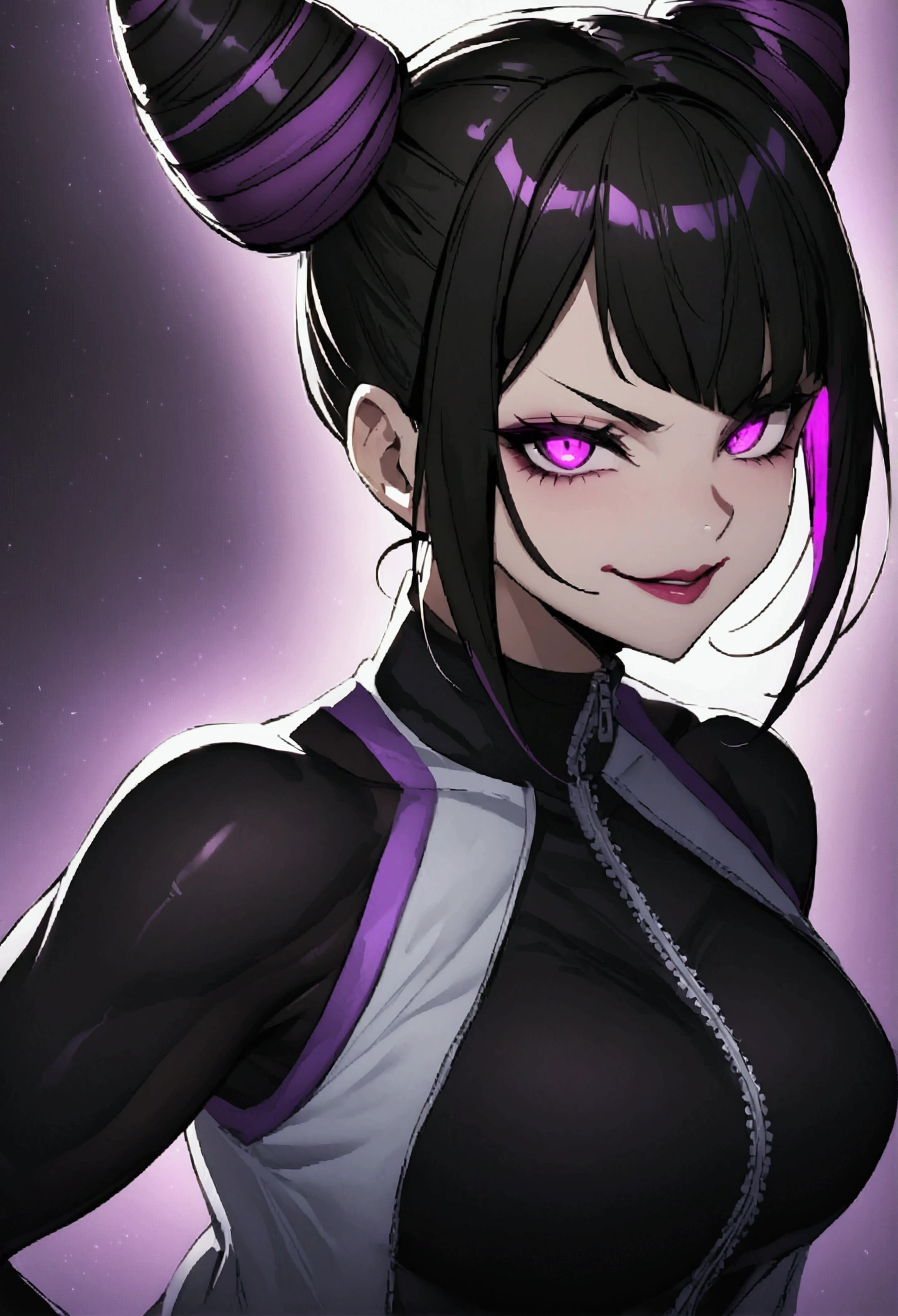 dark eye shadow,shining eyes,beautiful young fitness woman with , in a gym wearing May with black pantyhose, tight white and purple gym jacket. standing alone,hair horns,glowing purple eyes,Evil smile,legging preto ,labiaa,dark eye shadow,shining eyes,close up