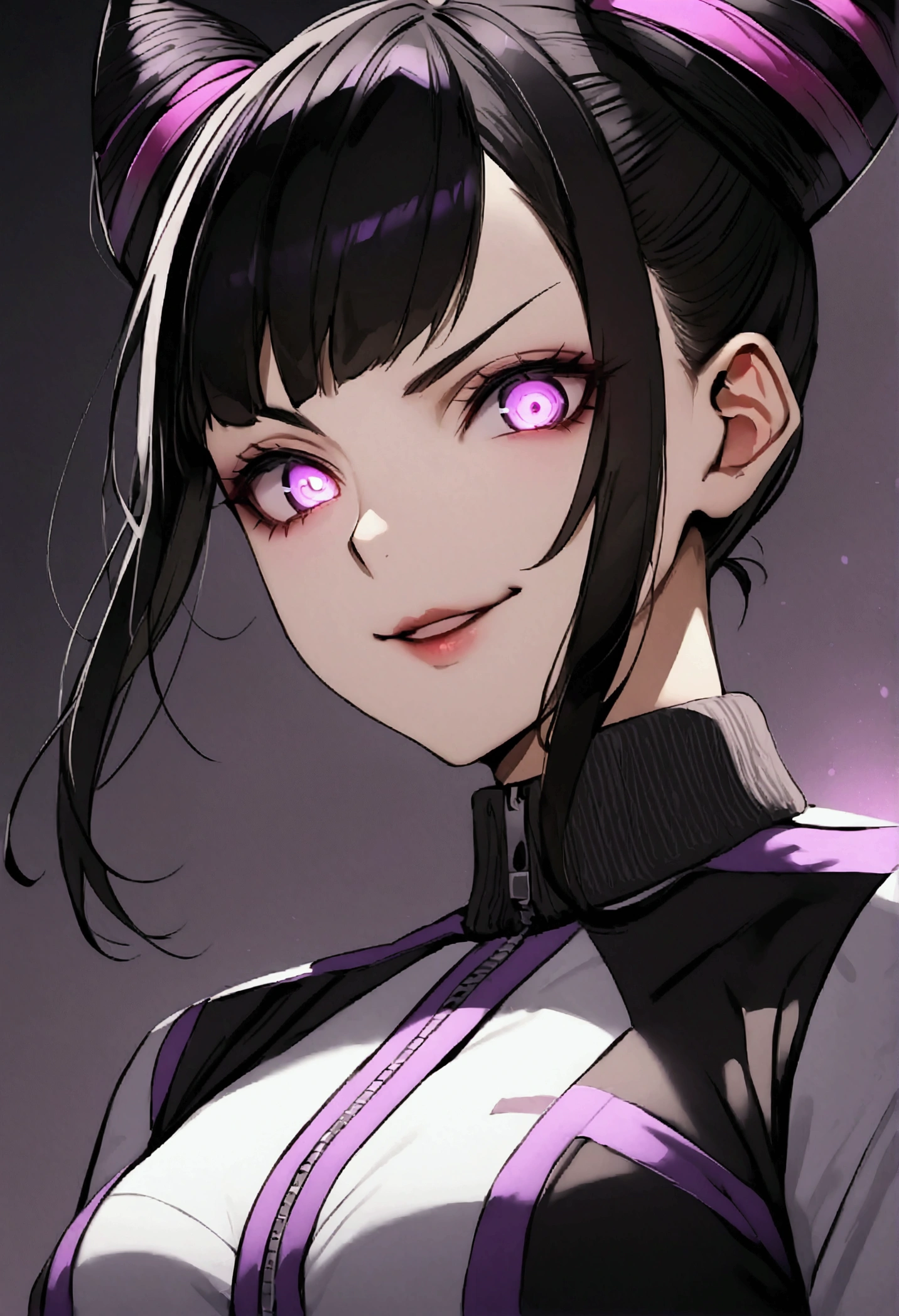 dark eye shadow,shining eyes,beautiful young fitness woman with , in a gym wearing May with black pantyhose, tight white and purple gym jacket. standing alone,hair horns,glowing purple eyes,Evil smile,legging preto ,labiaa,dark eye shadow,shining eyes,close up

