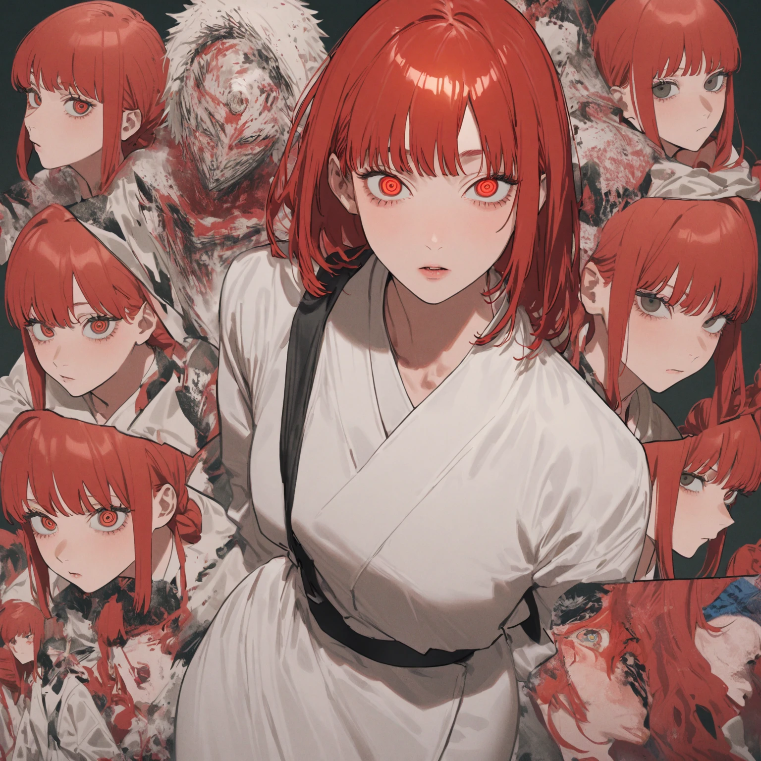 A woman with red hair and a white kimono is looking at the camera, Chainsaw Man マンガ, ( ( ( yoh yoshinari ) ) ), Makima, Chainsaw Man, Swirly eyes, Reincarnation, Makima, Red tint, Avant-garde, Edogawa Ranpo's Worldview, picaresque, Taisho Romance, In the Imperial City of Tokyo, A fantastic atmosphere, Makima, mysterious beautiful woman, Chainsaw ManのMakima, Very sharp beauty, A woman from a distinguished family in the 1920s, pretty much beautiful face, Sharp eyes with slit length, Very delicate and beautiful eyes, Captivating woman, Very stylish woman, Elegant and noble beauty, Beautiful and stylish red kimono, A woman who looks about 27 years old, Five fingered hand, Gorgeous and luxurious, a fine art painting by Yang J, Pixiv, Fantasy art, artwork in the style of Gwaiz, Gwaiz, Japanese art style, Chen Yifei, Female painting, Vivid and colorful paintings, Glamorous and luxurious, eiko ishioka, yuuki hagure, Ishida Sui with black hair, takeyuki kanda, inspired by Miwa Komatsu, Kazami Yuuka, Yoshitomo Nara, Yaoi Kasuma, Akiko Takase, Kazue Kato, Paintings from Nakahara Nantenbo, tumbler, What is it?, kimi takemura, For whom??, Yoshitomo Nara, chiho ashima, Aoi Ogata, kiyoko suzuki, Ishida Sui with black hair, Chen Yifeiに影響を与えた作品, Works that influenced Francesco Hayes, Inspired by Hendrik Terbruggen, Jean=Works that influenced Auguste Dominique Ingres, Works that influenced Liu Jun, Jean=Works that influenced Auguste Dominique Ingres, artwork in the style of Switzerland, by ヤン・J, Switzerland, Beautiful Art UHD 4K, Detailed painting 4k, Beautiful digital art, Beautiful artwork illustration, Switzerland masterpiece, By Chen Yanjun, Lee Song, Highest quality, The perfect angle, Perfect composition, Best Shot, Official Art, Cinematic Light, Figurative art, Beautiful and expressive paintings, Beautiful artwork illustration, wonderful, Cool Beauty, clear, Muromachi Fantasy, mysterious, Highest quality, Official Art, Extremely delicate and detailed painting style, Beautiful and subtle effects, Elegant and beautiful painting art, The pinnacle of painting beauty, Perfect light, Perfect composition, The perfect angle, Perfect subject, Best Shot, Female Solo, Sharp contours, Face close-up