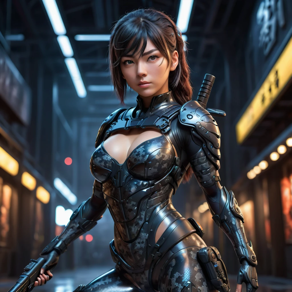 A beautiful and youthful female cyborg ninja is posing in a high cut latex suit with night camouflage pattern, holding a cyber rifle with both hands and raising her arms to show her armpits. Highly detailed, (Best Quality, 4k, 8k, High Resolution, Masterpiece: 1.2), Ultra detailed, (Realistic, Photorealistic, Photorealistic: 1.37), Hyperrealistic, Intricate details, Cinematic lighting, Dramatic atmosphere, Sharp focus, Vivid colors, Professional 3D rendering
