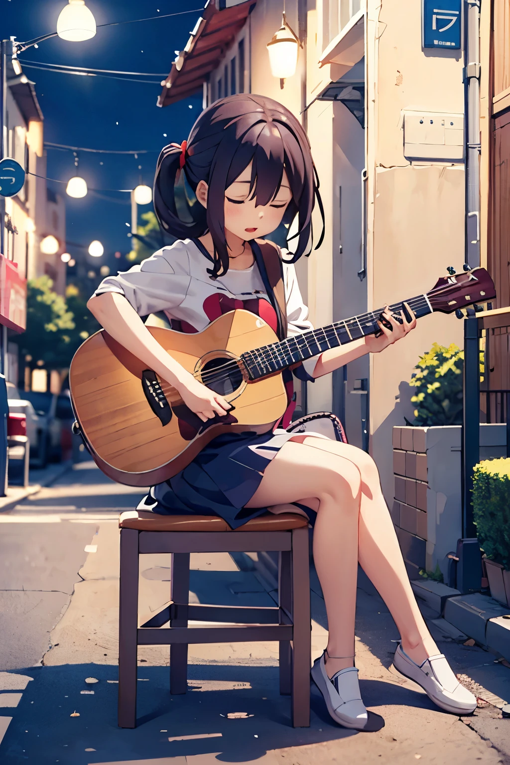 Night view、quiet streetscape、Close your eyes and play a soothing tune、Pixel Art Painting Best Quality, masterpiece, Attention to detail, Super intricate details,Anime girl sitting on a chair and playing guitar, Anime Art Wallpapers 8K, anime art wallpaper 4k, anime art wallpaper 4k, Anime Style 4k, anime wallpaper 4k, anime wallpaper 4k, anime wallpaper 4k, Manga Wallpapers, 4K wallpaper,, Girl playing guitar, LOFI Girl
