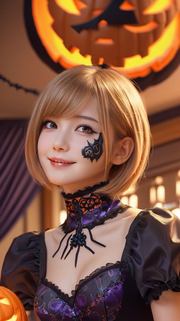 (from below,upper body,a 20 years old girl, detailed cutie face, beautiful detailed eyes, detailed dropped eyes, beautiful charming smile, extremely detailed face,slender,short hair,anime style, halloween party:2.0), Hires.fix,colorful lights, pumpkin decorations, haunted house, best quality, 4k, highres, masterpiece, realistic, photorealistic, photo-realistic, vivid colors, intricate details, fantasy, soft lighting, magical