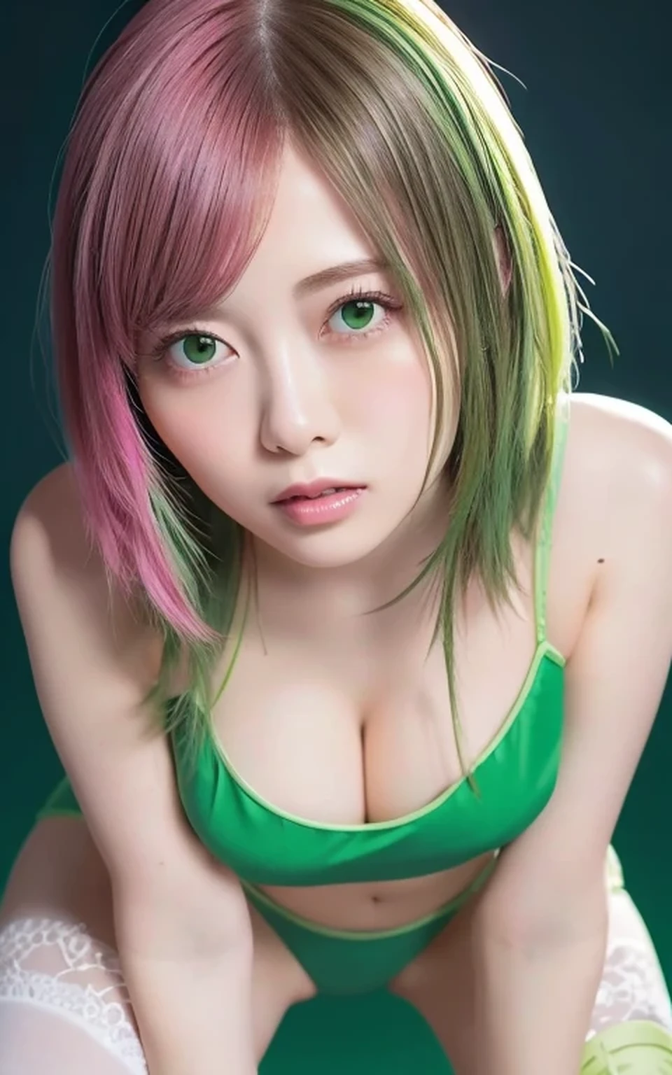 daughter，Lesbians all over，Bare thighs，crystallization，Very detailed, Great job!，Glass gloss,((Clean background))，pink，(((green)))，green，red，Highest quality，Clean background。