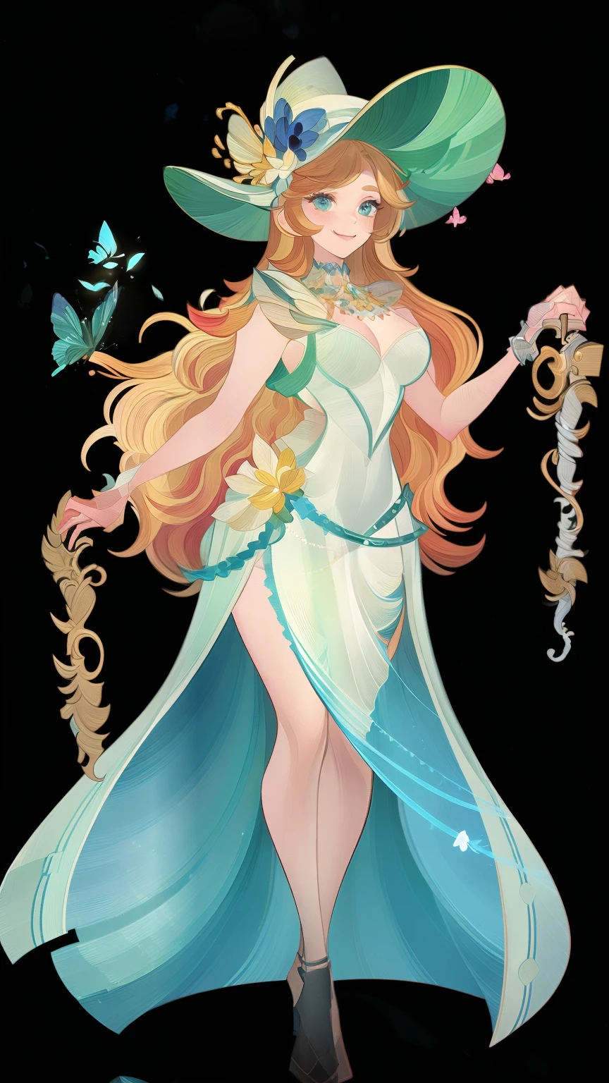 32K, best quality, Extremely detailed, high resolution, Perfect anatomical structure, head on, Cute girl, Cute dress, Cute hat, Lovely smile, Butterfly background,