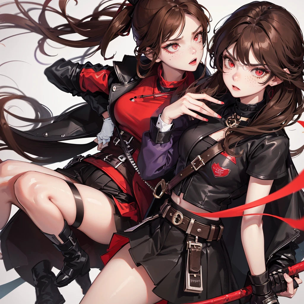 one girl,beautiful detailed eyes, red eyes ,  Long  Brown hair, serious face, Fingerless gloves, Black skirt, black top, red jacket, black boots, baseball bat in hand , light skin color, Purple ribbon, freckles on her face, black hair band