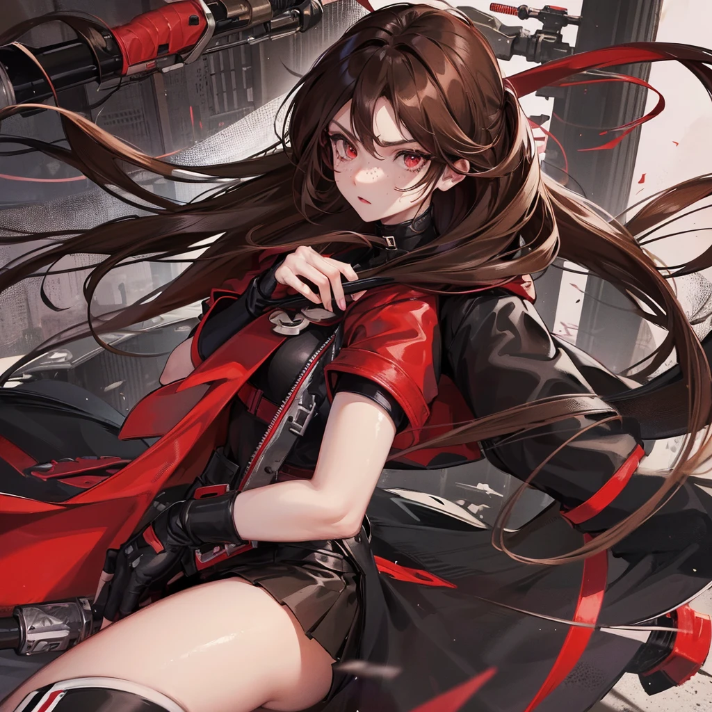 one girl,beautiful detailed eyes, red eyes ,  Long  Brown hair, serious face, Fingerless gloves, Black skirt, black top, red jacket, black boots, baseball bat in hand , light skin color, Purple ribbon, freckles on her face, black hair band