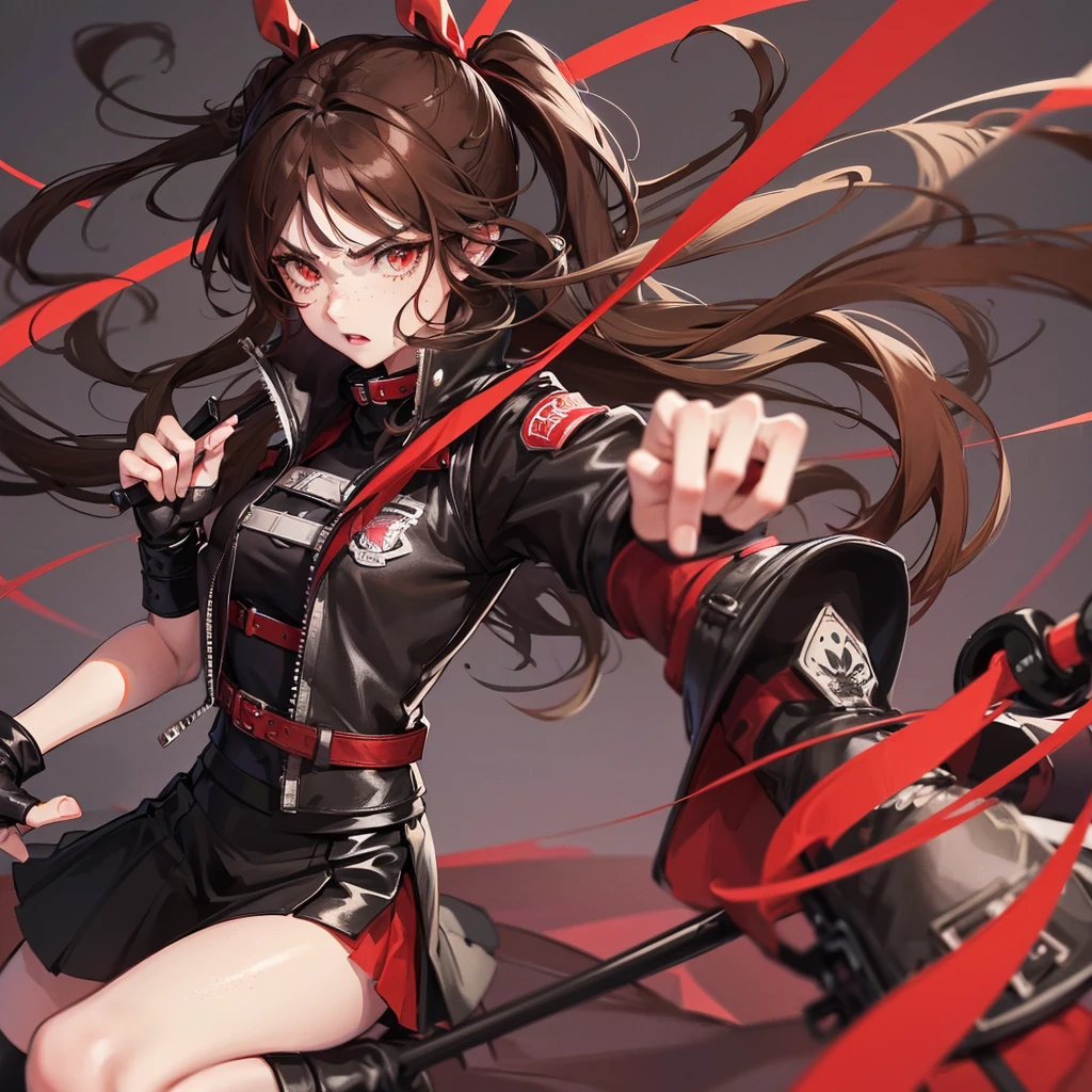 one girl,beautiful detailed eyes, red eyes ,  Long  Brown hair, serious face, Fingerless gloves, Black skirt, black top, red jacket, black boots, baseball bat in hand , light skin color, Purple ribbon, freckles on her face, black hair band