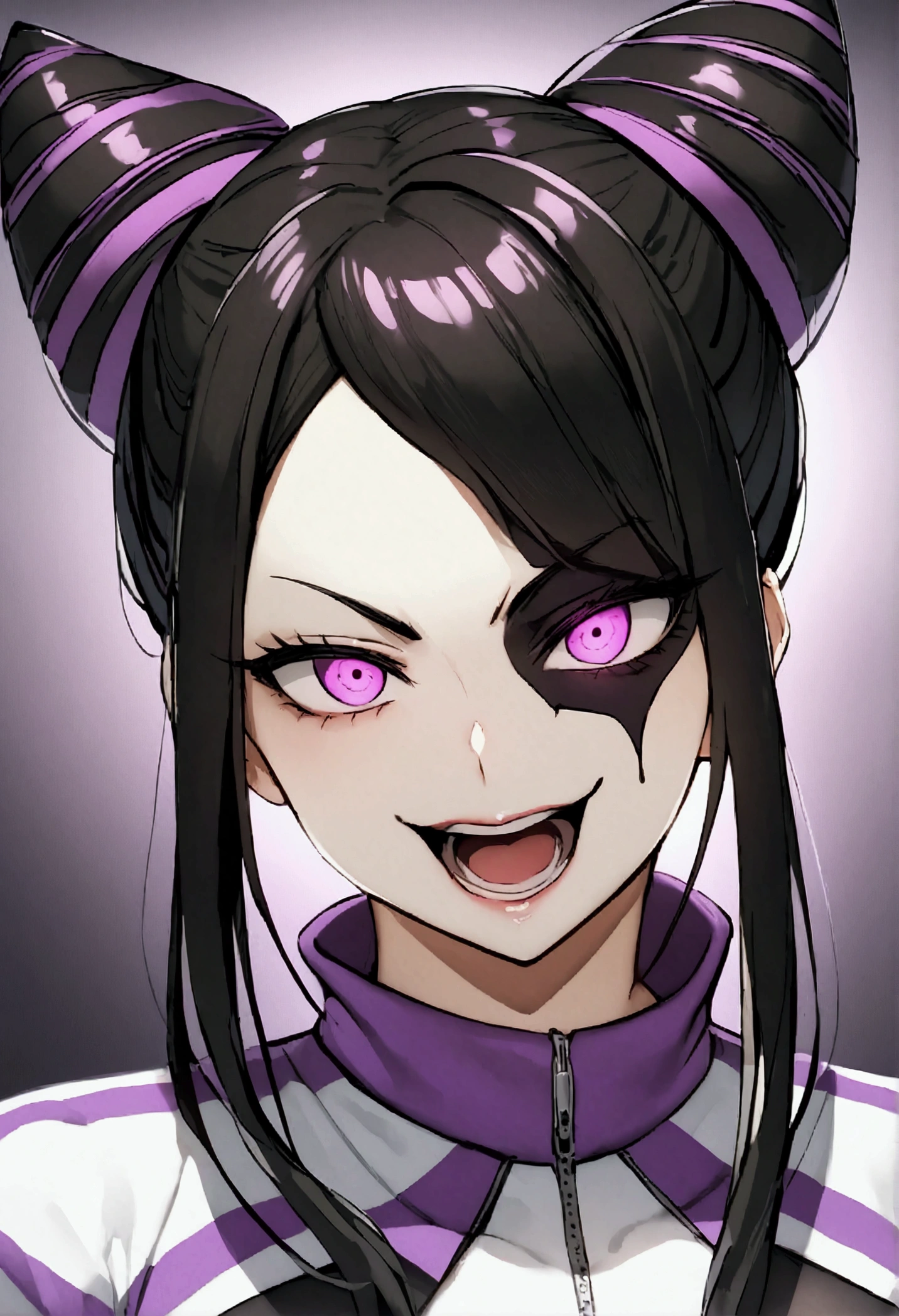 dark eye shadow,shining eyes,beautiful young fitness woman with , in a gym wearing May with black pantyhose, tight white and purple gym jacket. standing alone,hair horns,glowing purple eyes,Evil smile,legging preto ,labiaa,dark eye shadow,shining eyes,close up,open mouth with big evil smile