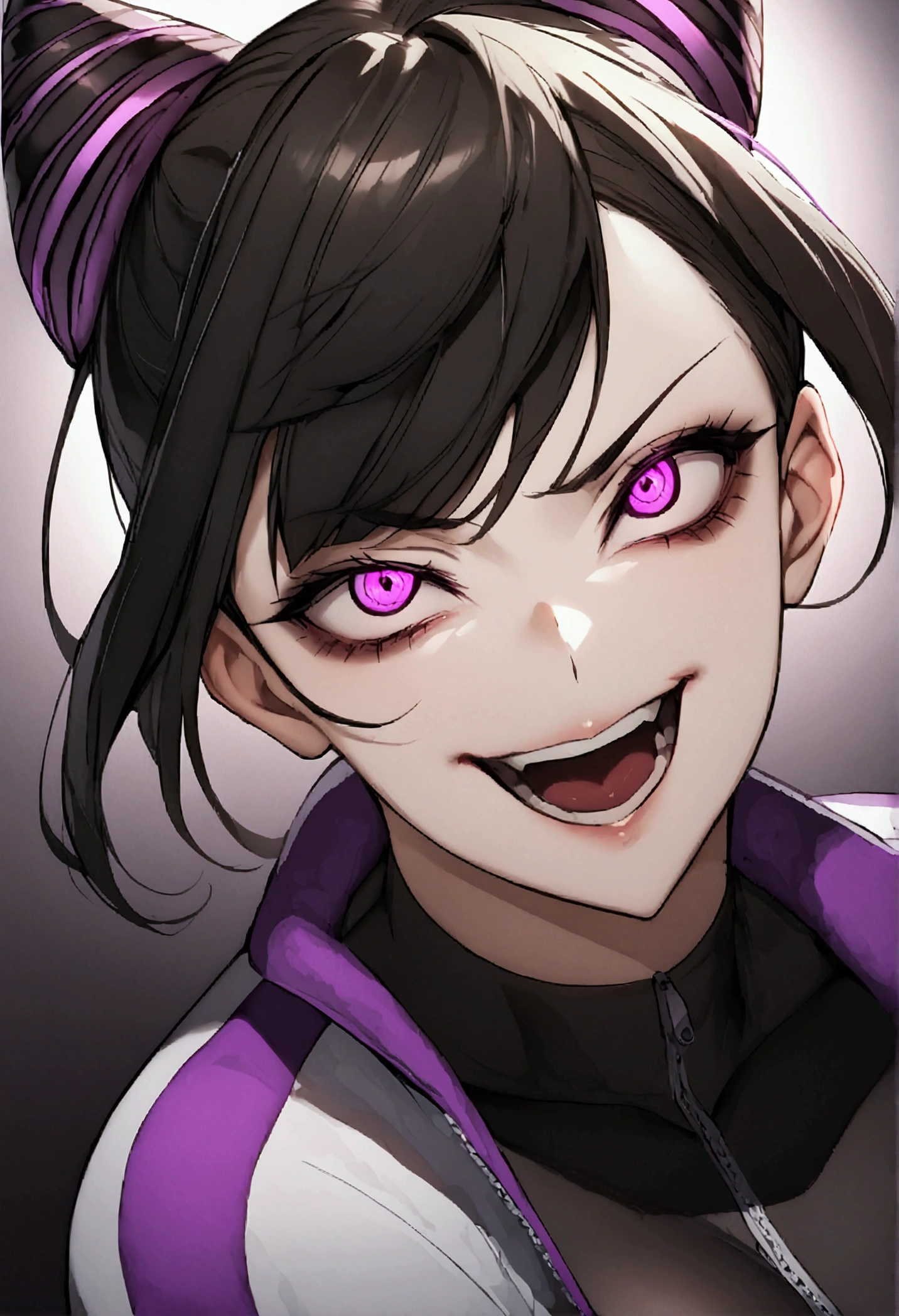 dark eye shadow,shining eyes,beautiful young fitness woman with , in a gym wearing May with black pantyhose, tight white and purple gym jacket. standing alone,hair horns,glowing purple eyes,Evil smile,legging preto ,labiaa,dark eye shadow,shining eyes,close up,open mouth with big evil smile