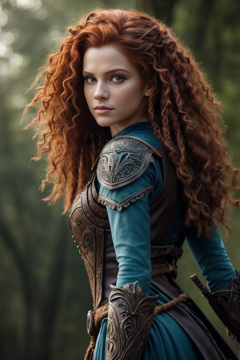 Create a photorealistic masterpiece of Merida from Brave in a Dark Fantasy style. Merida is depicted as a fashionable, model-looking character with glowing eyes and a futuristic design. The image should be hyper-detailed and surreal, with intricate details and highly detailed skin texture. Merida has a slight smile and is posed in a dynamic model pose. The scene is cinematic and professionally shot in 4K resolution, with a 200mm lens at f/2.0, creating a beautiful bokeh and stunning light and shadow play. The background features a dark, mystical Scottish forest with ghostly figures and ancient spirits. The overall image is hypnotic, dramatic, and captivating, with subcutaneous veins and highly detailed skin and hair texture, shot in 24mm photography.