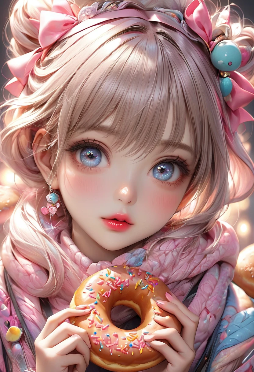 cute anime girl eating a donut, girl with a pink bow on her head, realistic portrait, eating a donut, cute girl, smooth anime cg art, cute anime girl visuals, variation, detailed digital anime art, (best quality,4k,8k,highres,masterpiece:1.2),ultra-detailed,(realistic,photorealistic,photo-realistic:1.37),beautiful detailed eyes,beautiful detailed lips,extremely detailed eyes and face,longeyelashes,intricate details,soft lighting,warm colors,vibrant colors,pastel colors, cheerful expression