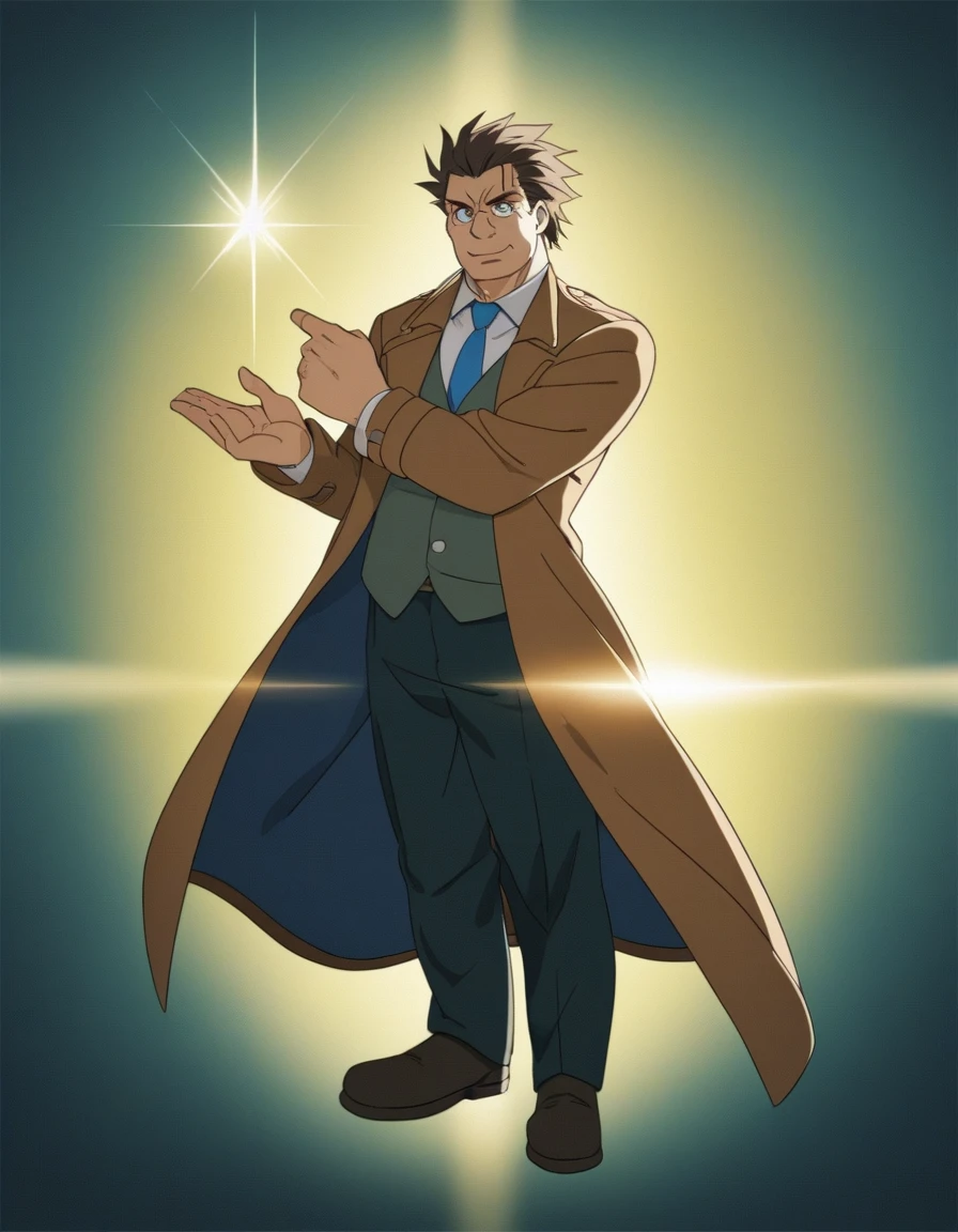 1man, veteran mature detective, muscular mature, big nose, wavy slicked back spiked hair, yellow brown hair, shihaku, brown eyes, stubble, dandy, virile, square shaped, large eyes, ugly, rough skin, facial wrinkles, ideal ratio body proportions, ordinaly, cute uncle, beautiful detailed eyes, 40yo, BREAK solo, white collared shirt, blue necktie, trench coat, dark worn-out suit, BREAK dandy posing, upperlegs, character image shot, in isekai style, 2000s, anime concept art, cinematic shadows, cinematic lighting, lens flare, light leaks, extreme all detailed, masterpiece, best quality, BREAK score_9, score_8_up, score_7_up, source_anime, score_6_up, score_5_up, score_4_up, source_cartoon