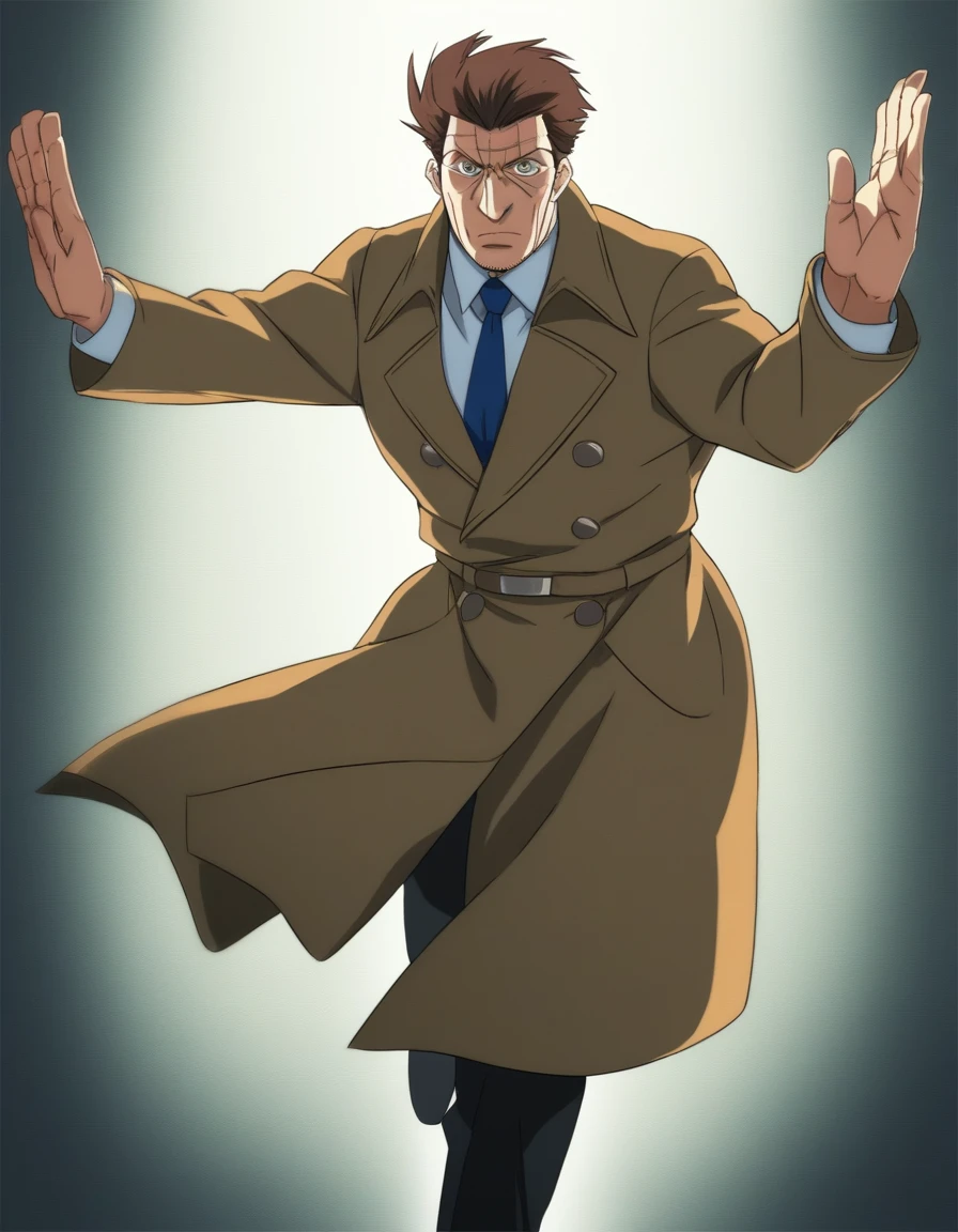 1man, veteran mature detective, muscular mature, big nose, wavy slicked back spiked hair, yellow brown hair, shihaku, brown eyes, stubble, dandy, virile, square shaped, large eyes, ugly, rough skin, facial wrinkles, ideal ratio body proportions, ordinaly, cute uncle, beautiful detailed eyes, 40yo, BREAK solo, white collared shirt, blue necktie, trench coat, dark worn-out suit, BREAK dandy posing, upperlegs, character image shot, in isekai style, 2000s, anime concept art, cinematic shadows, cinematic lighting, lens flare, light leaks, extreme all detailed, masterpiece, best quality, BREAK score_9, score_8_up, score_7_up, source_anime, score_6_up, score_5_up, score_4_up, source_cartoon