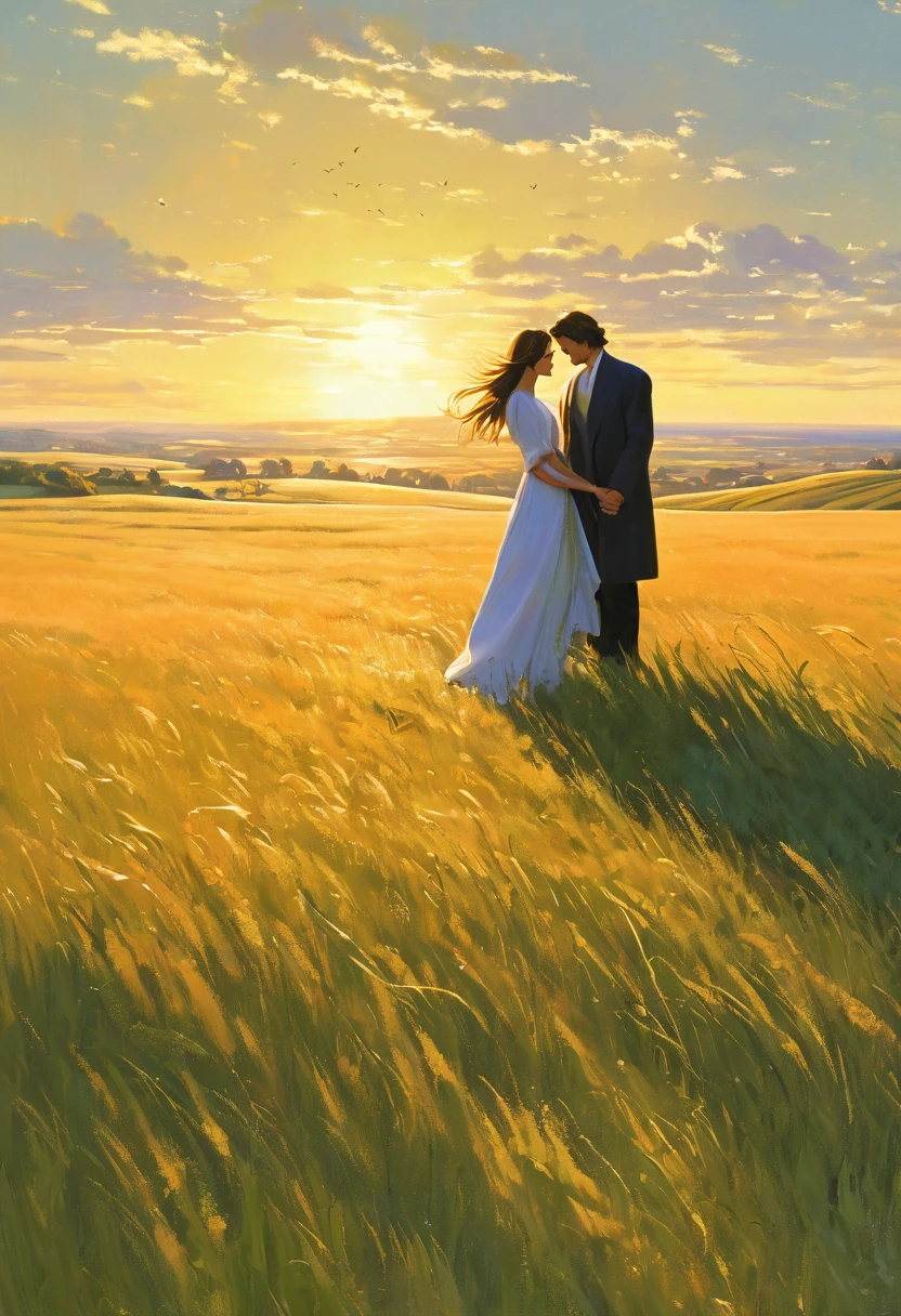A pair of youthful lovers stand atop a sunlit hill overlooking a vast expanse of grassland, the vibrant sun casting a warm orange glow. In the distance, a sleek black JDM car adds a modern touch to the serene landscape. This picturesque scene, likely a photograph, captures the couple's idyllic moment perfectly. The man exudes youthful vitality, his tousled hair catching the sunlight, while the girl radiates a sense of gentle beauty, the wind gently tousling her flowy attire. Their body language speaks of intimacy and affection, painting a scene of young love in all its purity and innocence. Each detail is rendered with exquisite attention, from the blades of grass underfoot to the horizon stretching out into the distance, creating a visually stunning snapshot of a fleeting moment of romance.