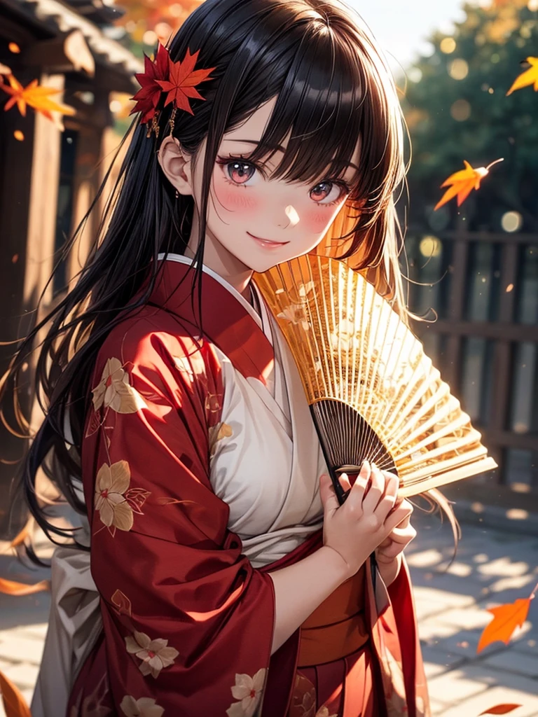 (​master piece),(solo),a girl in a red kimono holding a red folded fan in her hand,(opened folding fan), palace , autumn leaves, beautiful anime portrait, (white long hair), beautiful anime style, beautiful anime girl,Depth of written boundary, Bokeh,film lighting,dreamy romantic,shy smile