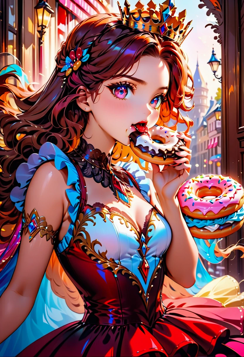 an oil painting portrait of a queen eating a (an epic donut: 1.3), an exotic exquisite beautiful queen, dynamic hair color, wavy hair, dynamic eyes color,  intense eyes, wearing glamour silk dress, intricate detailed dress, dynamic color dress, dynamic style dress, wearing diamond crown ((eating  a large donut: 1.3)),  (cherries: 1.1), (whipped cream: 1.1), (chocolate bar: 1.1)  fantasy pastry shop background,  vibrant, Ultra-high resolution, High Contrast, (masterpiece:1.5), highest quality, Best aesthetics), best details, best quality, highres, 16k, [ultra detailed], masterpiece, best quality, (extremely detailed) RAW, (ultra details, Masterpiece, best quality),   , Intense gaze, blood, Cinematic Hollywood Film
