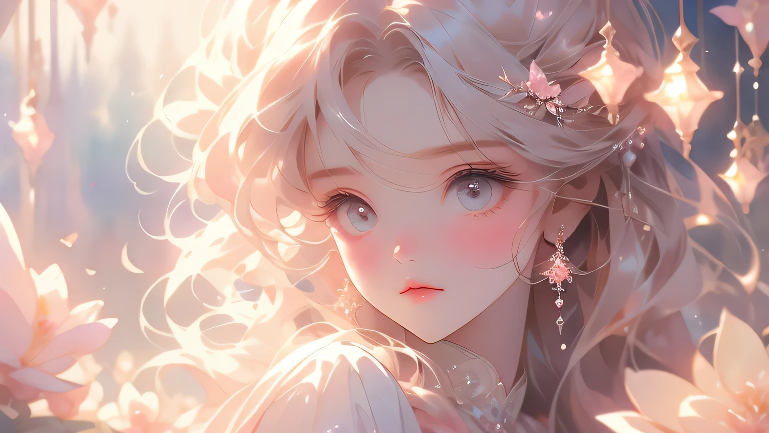 (High quality, 8K), (Soft light), Rainbow Color, One girl, Detailed face, Detailed eyes, watercolor paiting, very magical and dreamy, dreamy and detailed, dreamy atmosphere and drama, Beautiful dreamy lighting, dreamy ambiance, Beautiful atmosphere, Dreamy Romantic, Ethereal dreamy theme, many flowers, flower garden, landscape, sparkle eyes, white and pink marble hair