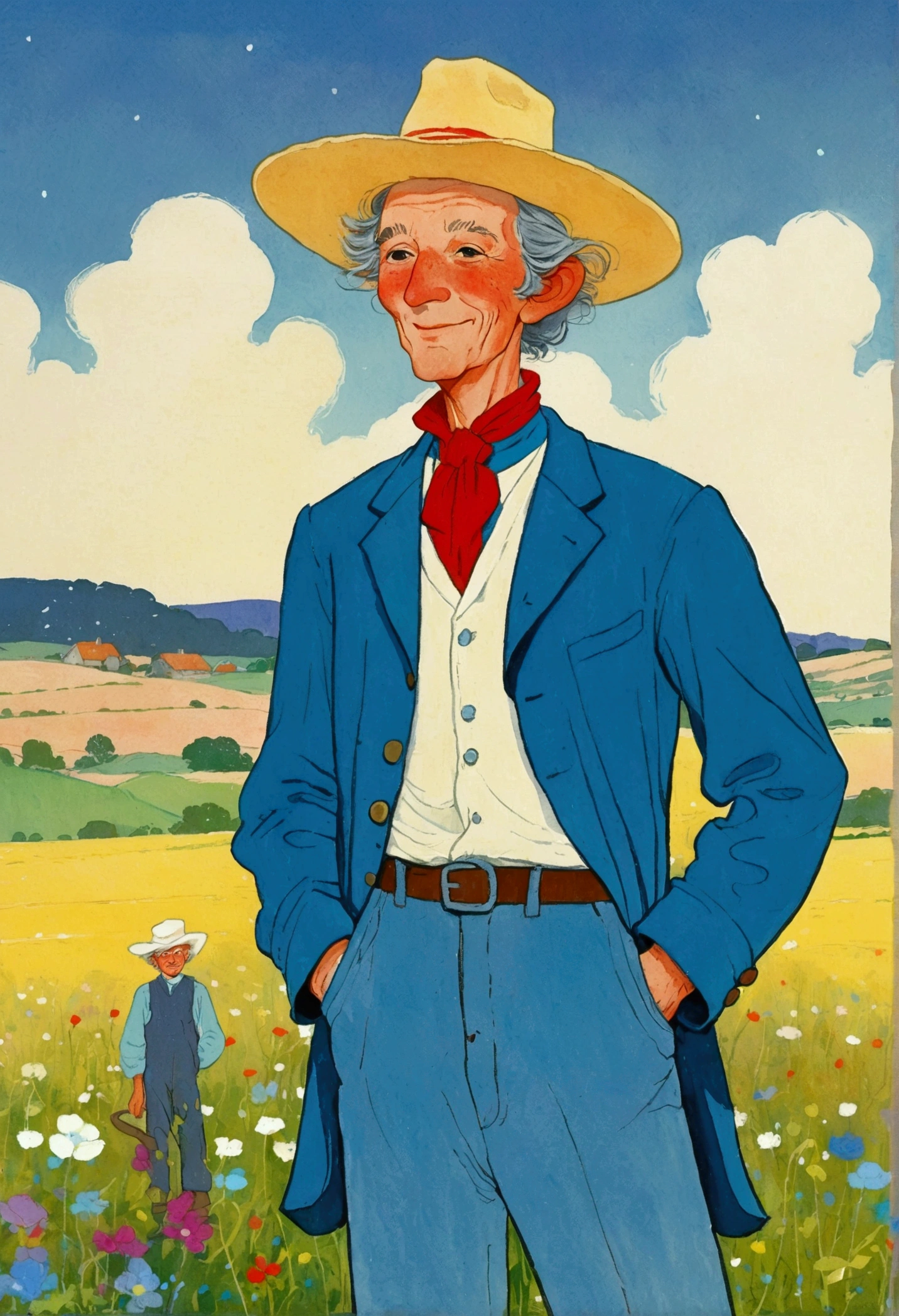 Cartoon of a man wearing standing in a field, Li Renwen&#39;s gouache paintings, flickr, Childish Art, Character with hat, tall Farmers, Farmers, jean giraud portrait, jean giraud 8 k, The style of Jean Giraud Moebius, Full color illustrations, 2d gouache illustration, Tin Tin, , Cartoon and simple