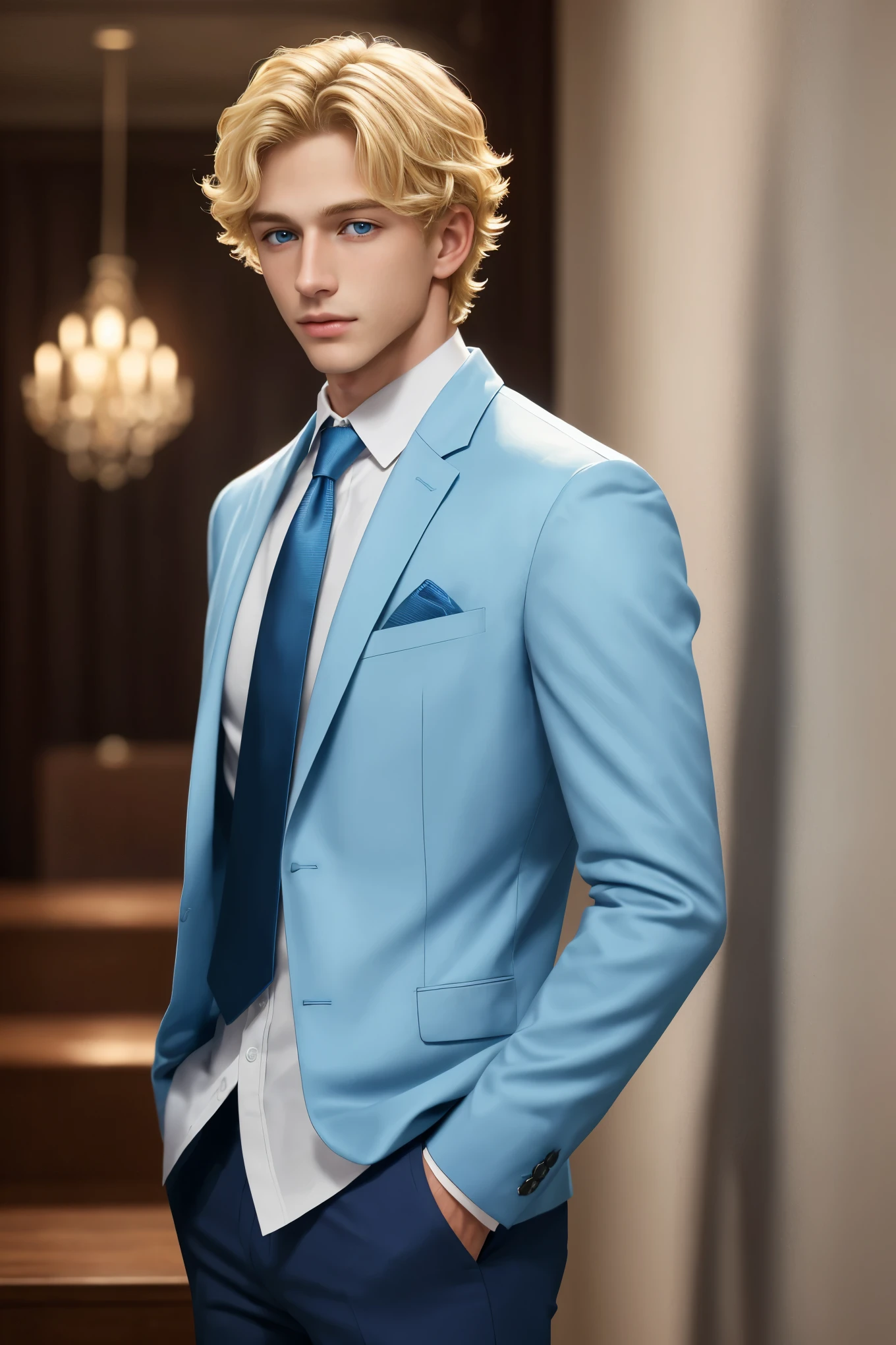 Masterpiece, Young Handsome Boy has short blonde hair, blonde hair, wavy hair, sky blue eyes, totally-clean-shave, 1boy, College Student, AS-Adult. He looks at the viewer