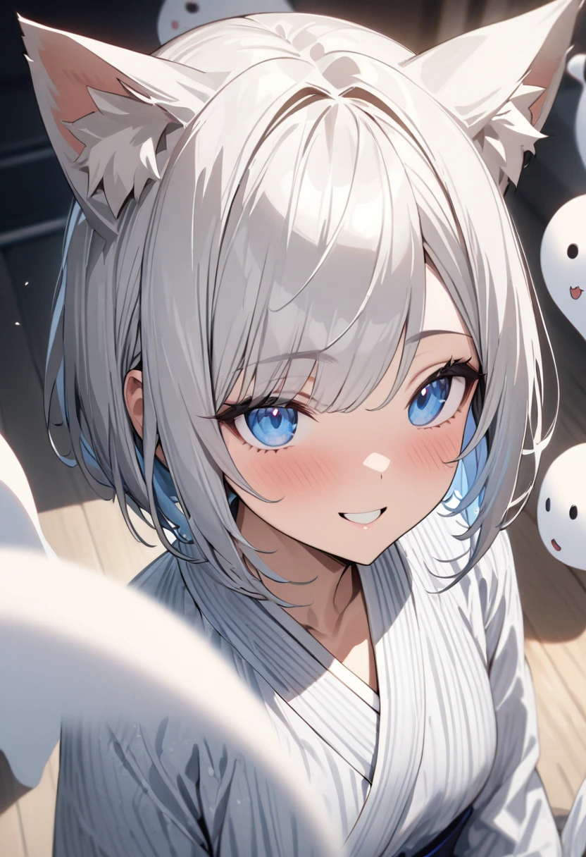 silver bob、 1 girl, (((best quality)), ((masterpiece)), (details), masterpiece, best quality, high quality, super detailed, perfect face, ((1 girl, Blue eyes, Cat ears: 1.3 silver bob: 2.5,)),Shiny Hair、Shiny skin、smile、Alluring expression、Have a ghost、plain white yukata、valley、Looking up、