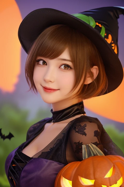 ((from below,upper body),a 25 year old girl, detailed cutie face, beautiful detailed eyes, detailed dropped eyes, beautiful charming smile, extremely detailed face,slender,short hair,anime style, halloween party:2.0), Hires.fix,colorful lights, pumpkin decorations, haunted house, best quality, 4k, highres, masterpiece, realistic, photorealistic, photo-realistic, vivid colors, intricate details, fantasy, soft lighting, magical