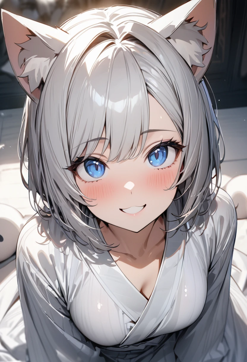 silver bob、 1 girl, (((best quality)), ((masterpiece)), (details), masterpiece, best quality, high quality, super detailed, perfect face, ((1 girl, Blue eyes, Cat ears: 1.3 silver bob: 2.5,)),Shiny Hair、Shiny skin、smile、Alluring expression、Have a ghost、plain white yukata、valley、Looking up、