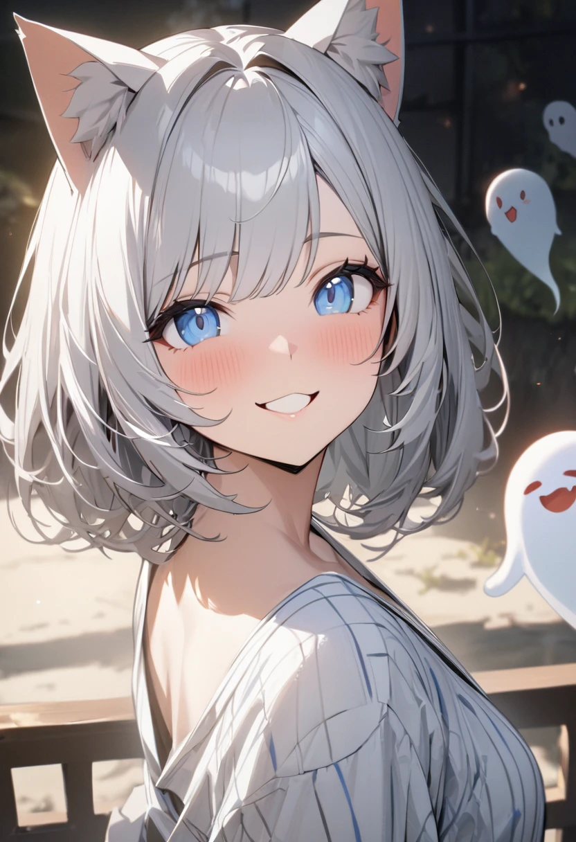 silver bob、 1 girl, (((best quality)), ((masterpiece)), (details), masterpiece, best quality, high quality, super detailed, perfect face, ((1 girl, Blue eyes, Cat ears: 1.3 silver bob: 2.5,)),Shiny Hair、Shiny skin、smile、Alluring expression、Have a ghost、plain white yukata、valley、Looking up、
