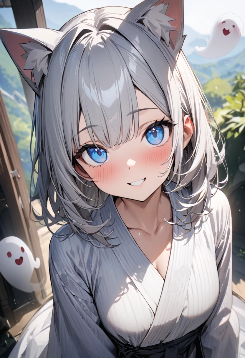 silver bob、 1 girl, (((best quality)), ((masterpiece)), (details), masterpiece, best quality, high quality, super detailed, perfect face, ((1 girl, Blue eyes, Cat ears: 1.3 silver bob: 2.5,)),Shiny Hair、Shiny skin、smile、Alluring expression、Have a ghost、plain white yukata、valley、Looking up、