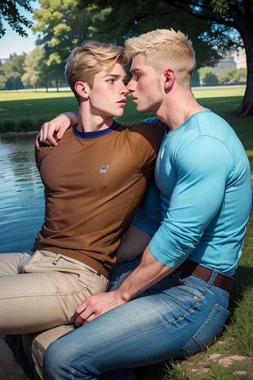 Two men, photo realistic. A -yeld, hsome, lean man with short-cut, blond hair and blue eyes, wearing a brown sweatshirt, and khaki pants, sitting in the lap of a 17-year-o, home, letic, Caucasian man with short, shaved brown hair, and blue eyes, wearing a blue and yellow jersey, and jeans, kissing, groping each other, laying on a grassy field, by a pond in a large city park, at night. Masculine, erotic, sexy, romantic, love, huge bulge.