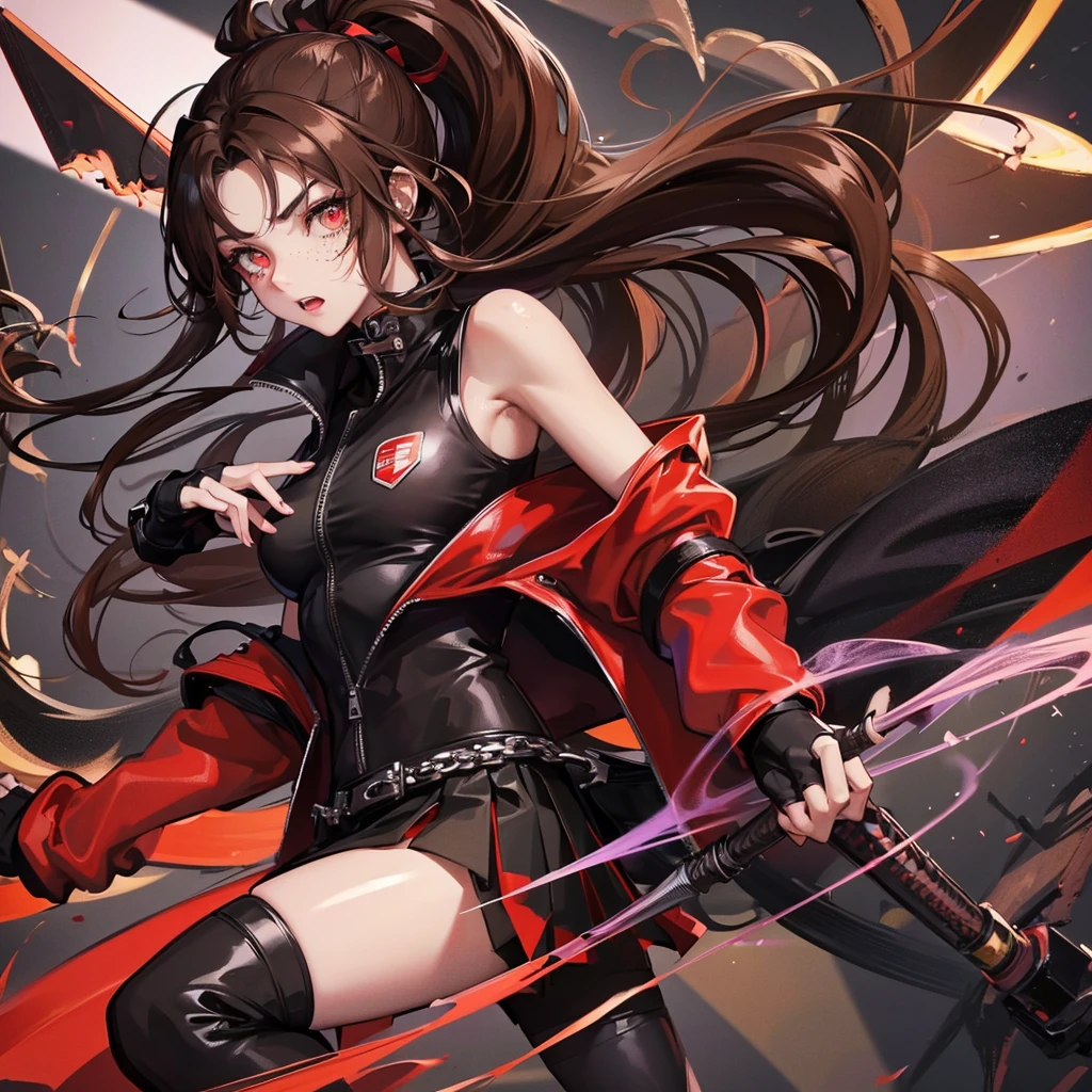 one girl,beautiful detailed eyes, red eyes , Long Brown hair, serious face, Fingerless gloves, Black skirt, black top, red jacket, black boots, baseball bat in hand , light skin color, Purple ribbon, freckles on her face, black hair band