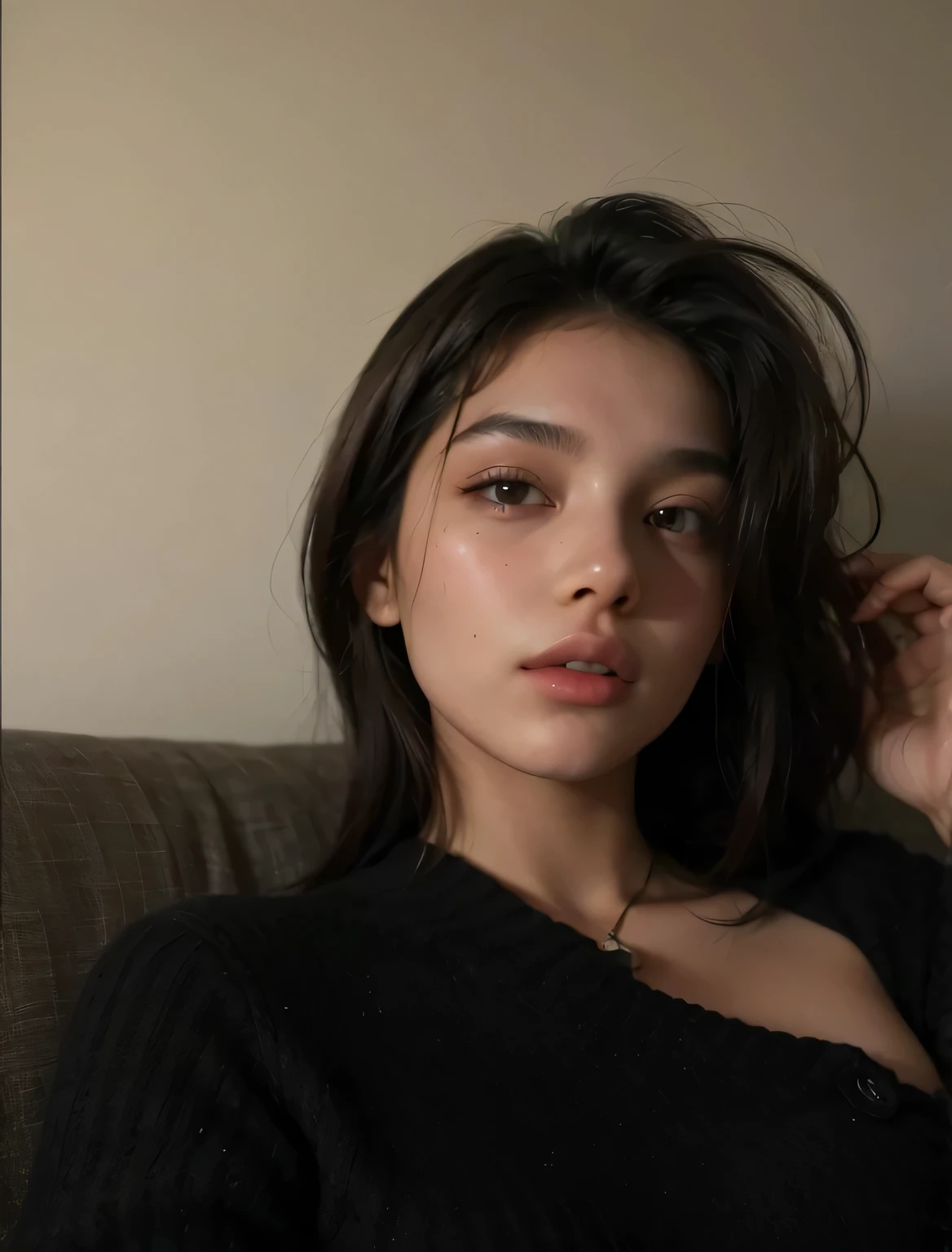 a close-up of a woman wearing a bra and necklace, Retrato Sophie Mudd, she has olive brown skin, sexy girl with dark skin, olive skin, with dark skin, beautiful young model, instagram model, cerveja madison, 18 years old, dark-skinned, ultra high quality model, Straight hairstyle, looks like fabiula natal