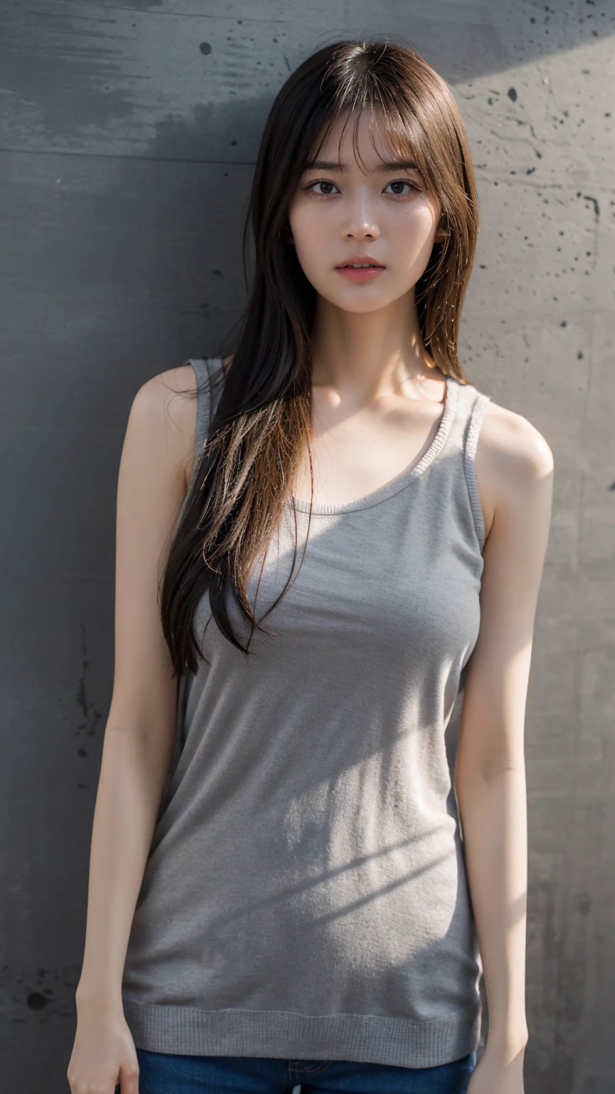 1woman,Javanese Woman, short shirt, Look at viewer, ((Grey Wall Background)),Long Hair, High Quality, Photorealistic, Natural Lighting, Natural Shadow, Glowing Skin, Shot with Sony A7 mark IV, Coboy Shot, Sharp, Clear Subject, wearing knit tanktop, breast press