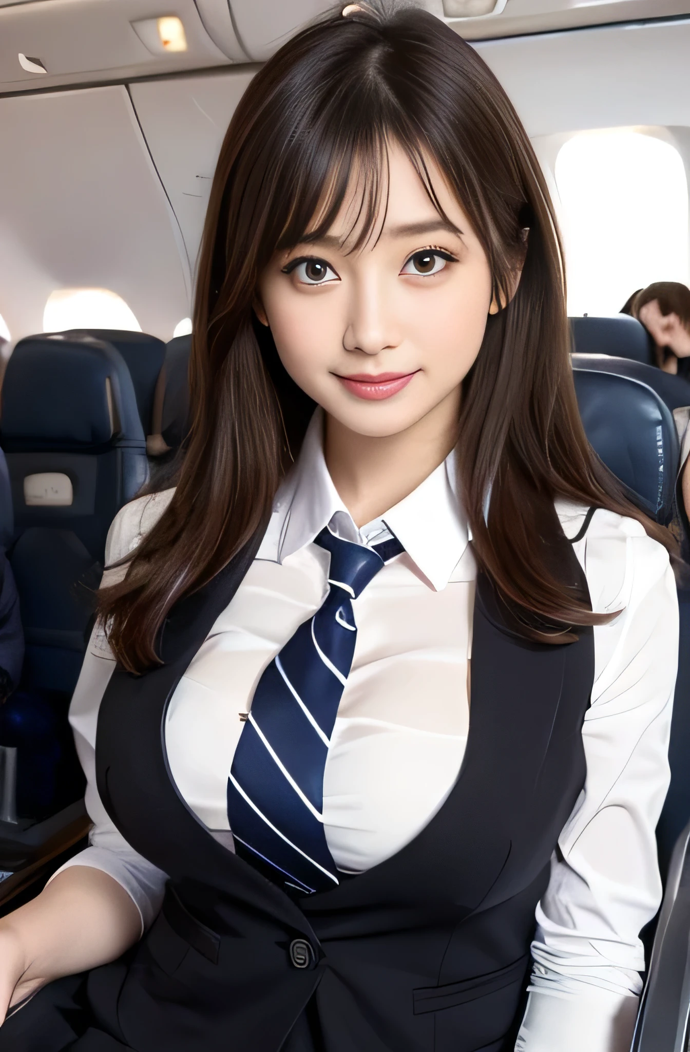 Highest quality, masterpiece, 8k, Ultra-high resolution, (Photorealistic:1.4), One Girl、Beautiful Face、Symmetrical eyes、Big ample breasts、Perfect figure、Stewardess Uniform、Look at the viewers、(Inside the plane:1.2)、View from the front、shoulder、Absolute area(1.3)、Nogizaka Idol、Gravure idol pose、adult、cute、show up panties,Cleavage