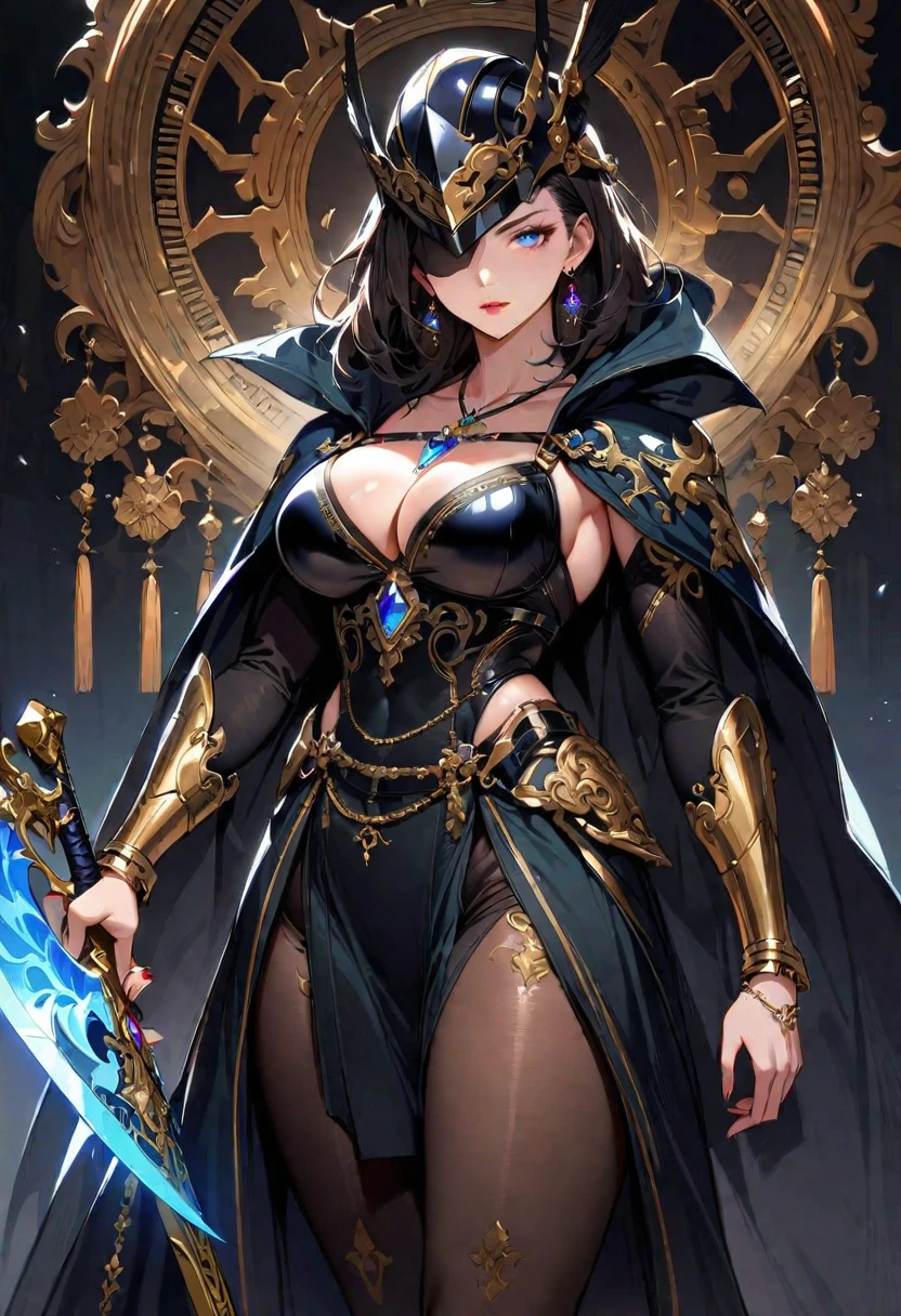 1 young beautiful woman,(Highest quality,Extremely detailed depiction,Incredibly absurd high resolution,Anatomically accurate depiction,Curvy Legs),(Glowing Skin,Shiny skin),(A female swordsman with a noble air),(Black Breastplate,Black boots,Metal embroidery,Transparent gemstones and precious metals decoration,Exquisite armor detailing,Holy sword,Black Valkyrie Helmet,Black Cape,Black tights),(Blue Eyes,Detailed pupil,Half-closed eyes:1.3,Shadowed face,lipstick,There is cleavage in the chest,Cool look),eyelash,Luxury accessories,Earrings,necklace,Bracelet,Standing posture