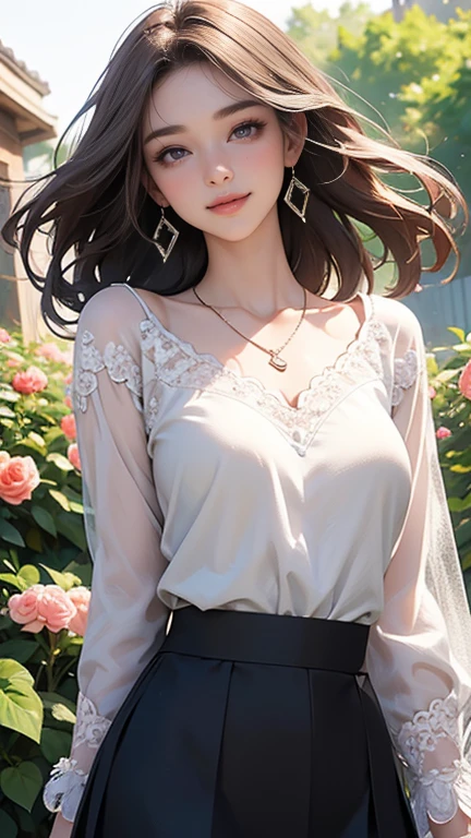 (Highest quality、 8k 、masterpiece、High resolution)、Young lovely woman、Ample breasts、Beautiful clavicle、Slender beauty、(Brown hair medium、My hair is blowing in the wind、Flows backwards)、whole body、 (Beautiful Face,Beautiful Eyes,Beautiful nose,Pretty lips)、(Earrings、silver heart pendant necklace)、(Feminine Style、3/4 Sleeve Lace Blouse、Primazel Skirt)、Her mouth opens slightly and a smile appears.、Dynamic pose、Outdoor、(garden、Colorful flowers)、looking at the camera、Professional Lighting、Professional photographer、Detailed CG,