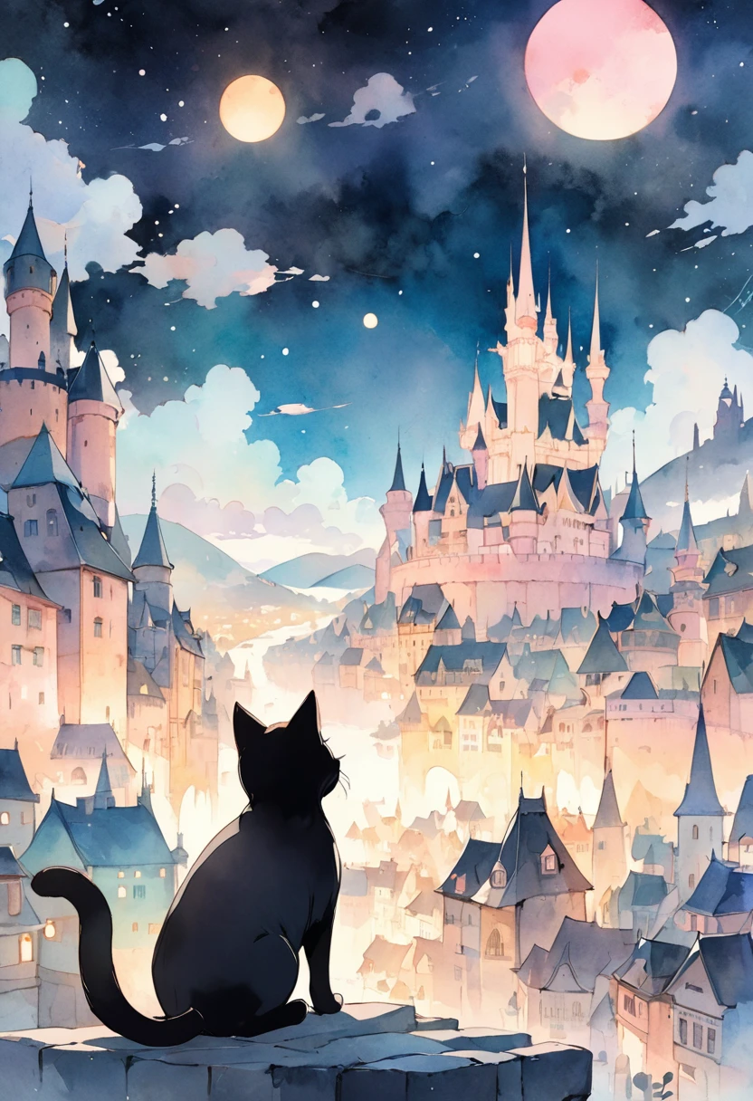 A background of anime-style illustrations with a calm and fantastical castle town theme。 Adding simplicity to mystery、A pale and fantastical worldview created with watercolors and soft pastel colors。 A black cat looking out at the city。